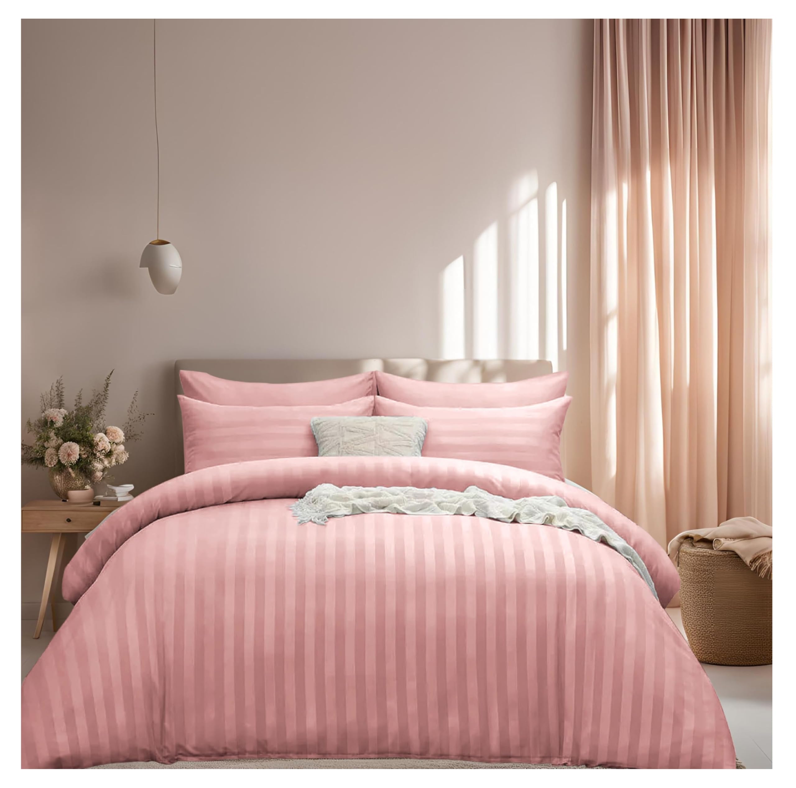 J.din Blush Pink Single Satin Stripe Duvet Cover Bedding Set & Pillowcase,
