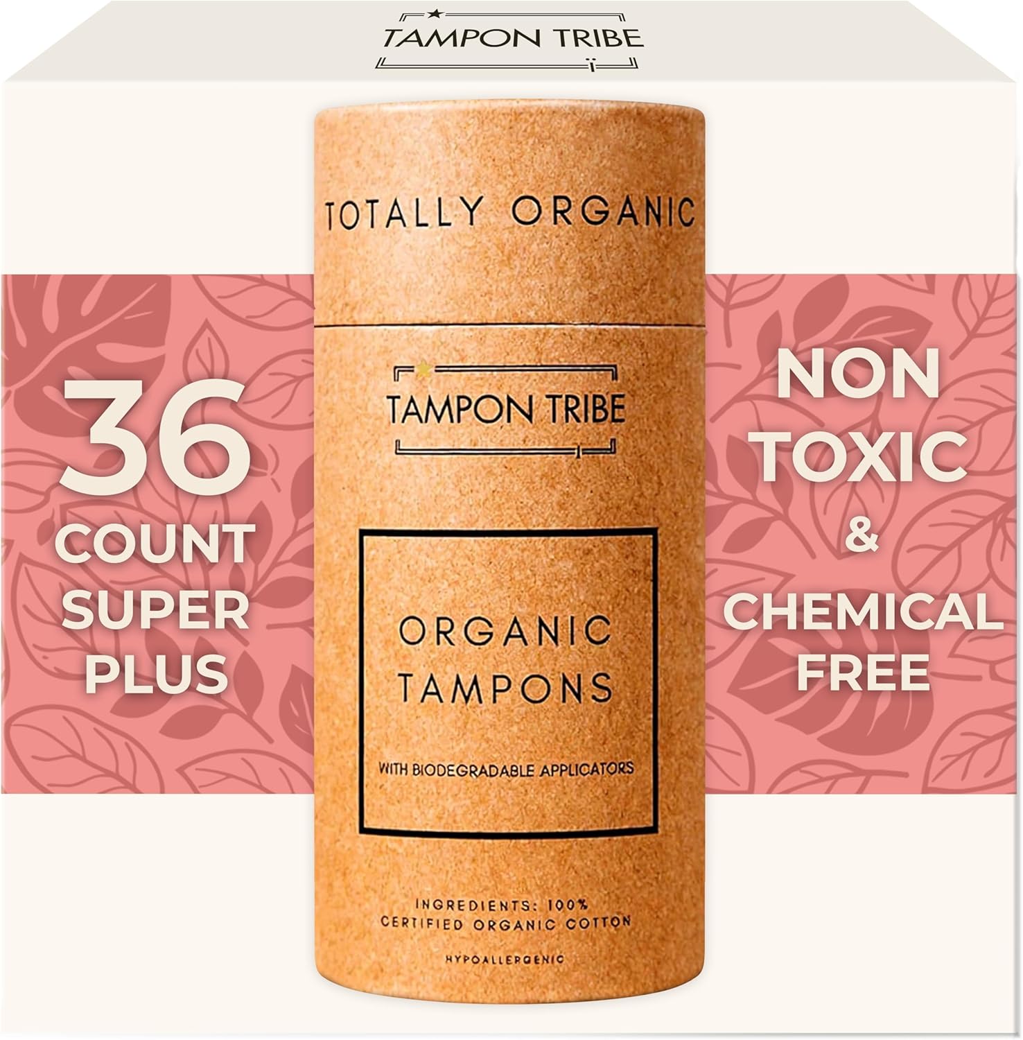 Tampon Tribe Super Plus Organic Tampons for Women | 36 Non-Toxic Tampons | Natural 100% Organic Cotton, Hypoallergenic, Metal and Chemical Free with Biodegradable Applicator | (36 Count - Super +)