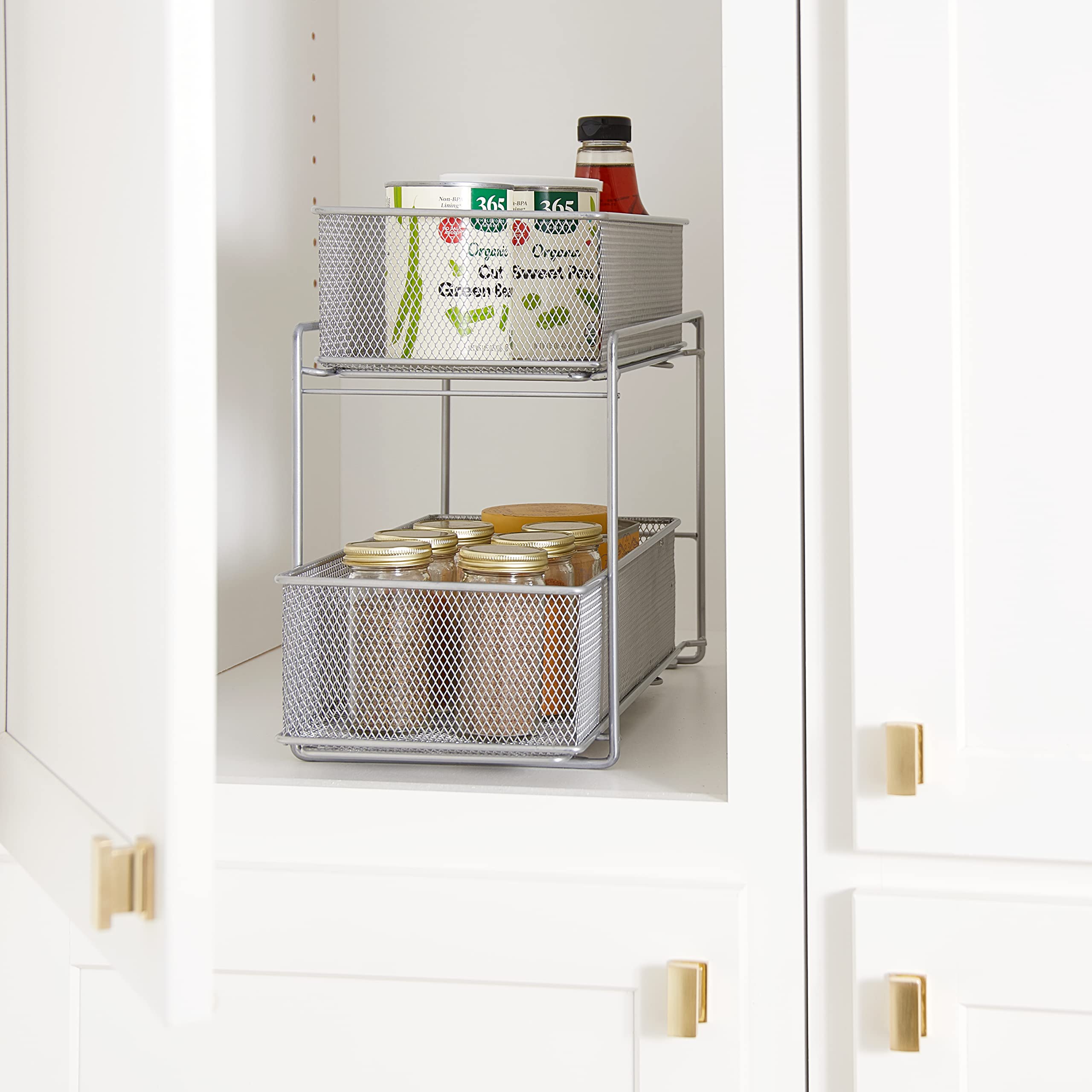 YBM Home Silver 2 Tier Mesh Sliding Spice and Sauces Basket Cabinet Organizer Drawer 2304