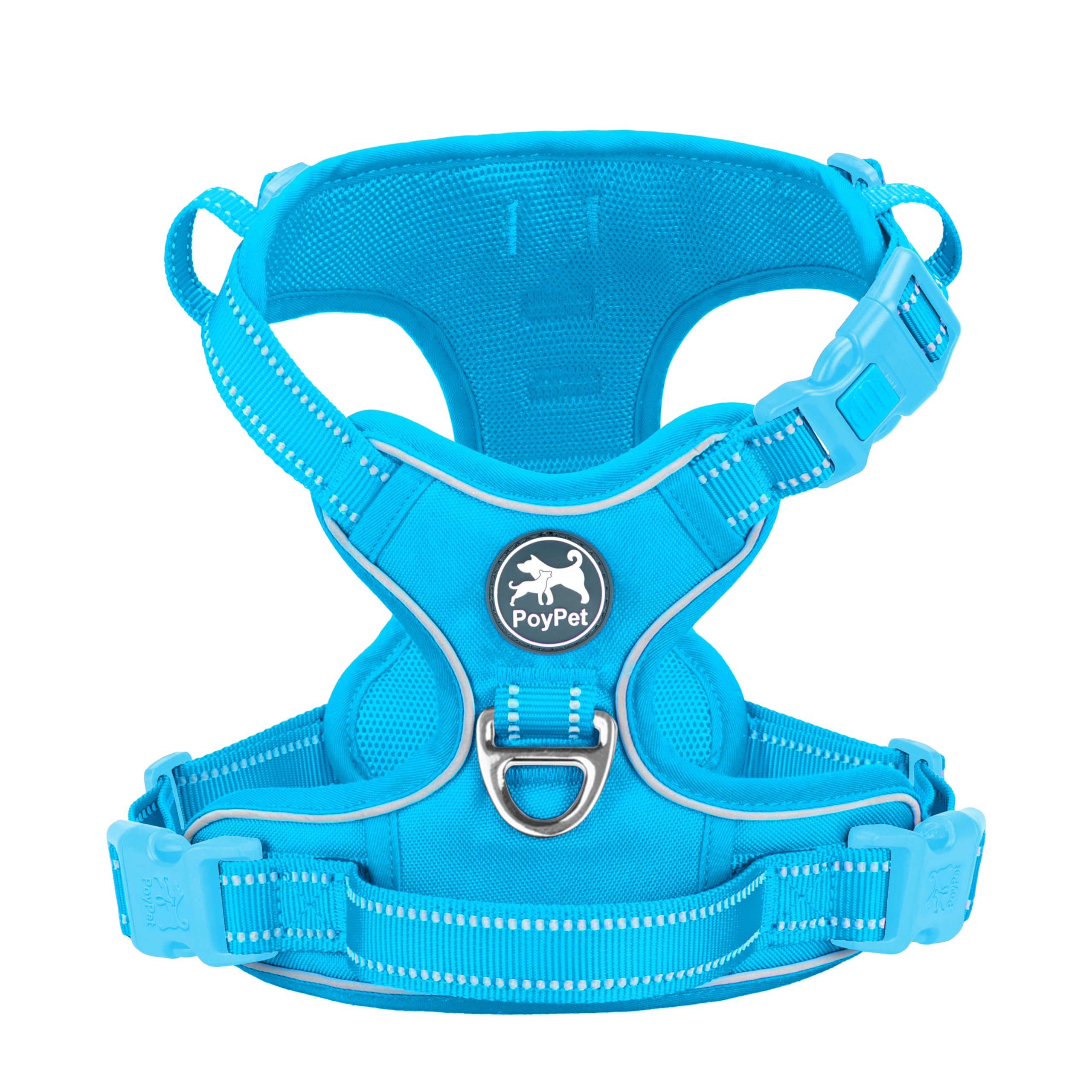 PoyPet Dog Harness with Neck Release Buckle, Reflective No Pull Harness with 2 Leash Clip, Adjustable Soft Padded Pet Vest with Easy Control Handle for Medium Dogs (Blue Matching Trim,M)