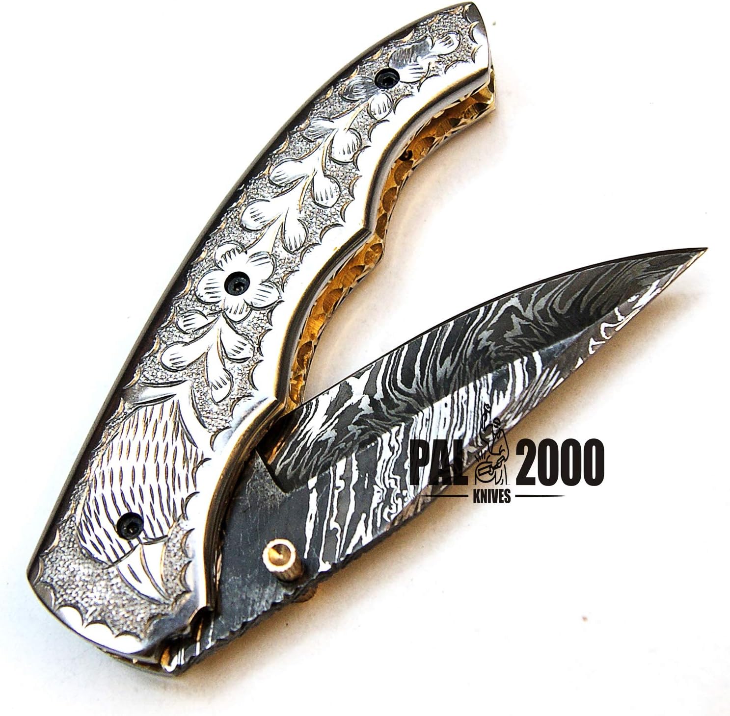 PAL 2000 KNIVES POC-9428 Custom Handmade Damascus Steel Blade Folding Pocket Hunting Knife with Sheath