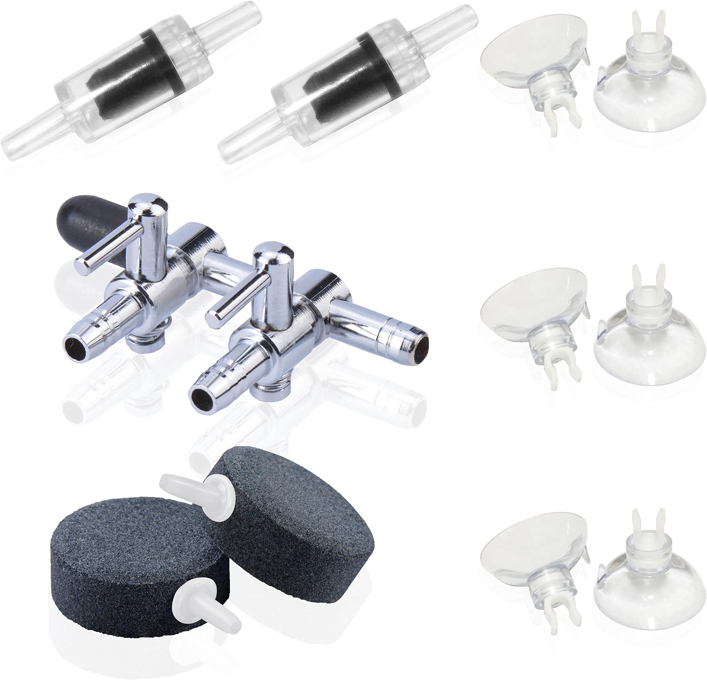 Aquarium Air Pump Airline Tubing Kit include 1-Pcs 2-Way Outlet Air Valve, 2-Pcs Air Stone, 2-Pcs Check Valves and 6-Pcs Suction Cups Fit for 3/16-Inch Fish Tank Air Hose