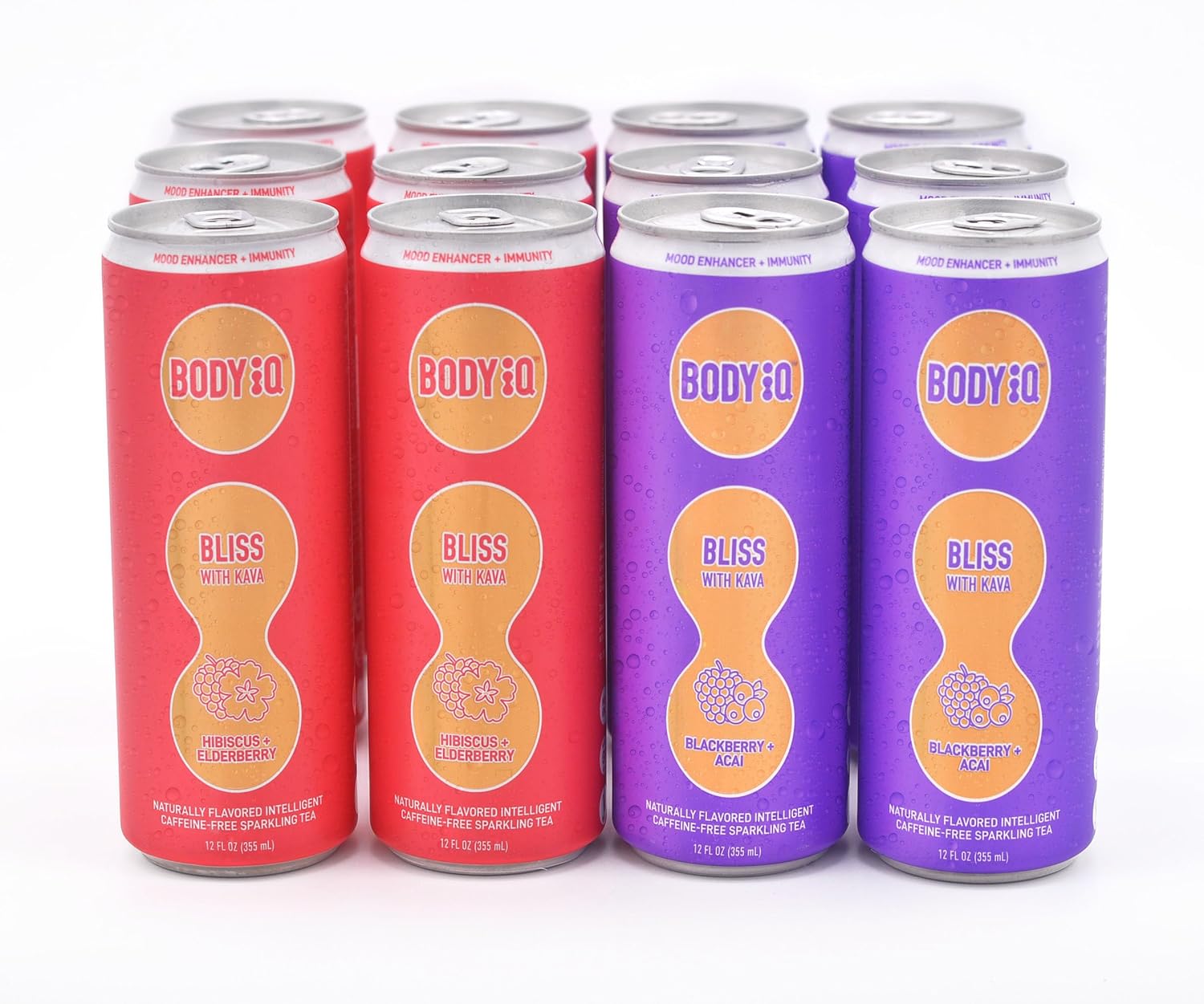 Body iQ Zero Sugar Mood + Immune Support Sparkling Water – Adaptogenic, Caffeine Free, no Carbs – Mixed variety 12 pack, 2 flavors, Six 12 fl oz cans of each flavor.