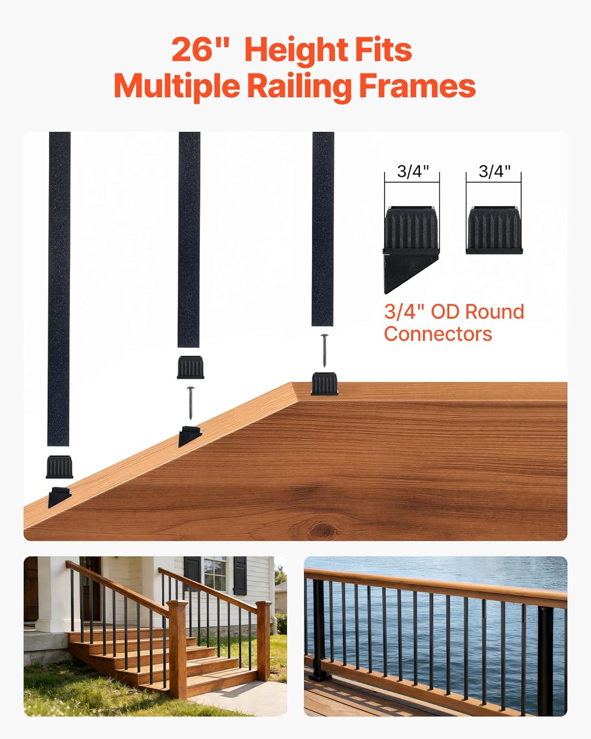 VEVOR 125 Pack Deck Balusters, 3/4 in Square x 26 in Long Aluminum Railing Spindles, Hollow Metal Decking Stair Balusters with Connectors, Screws, for Deck, Porch & Staircase Railing Fence, Black