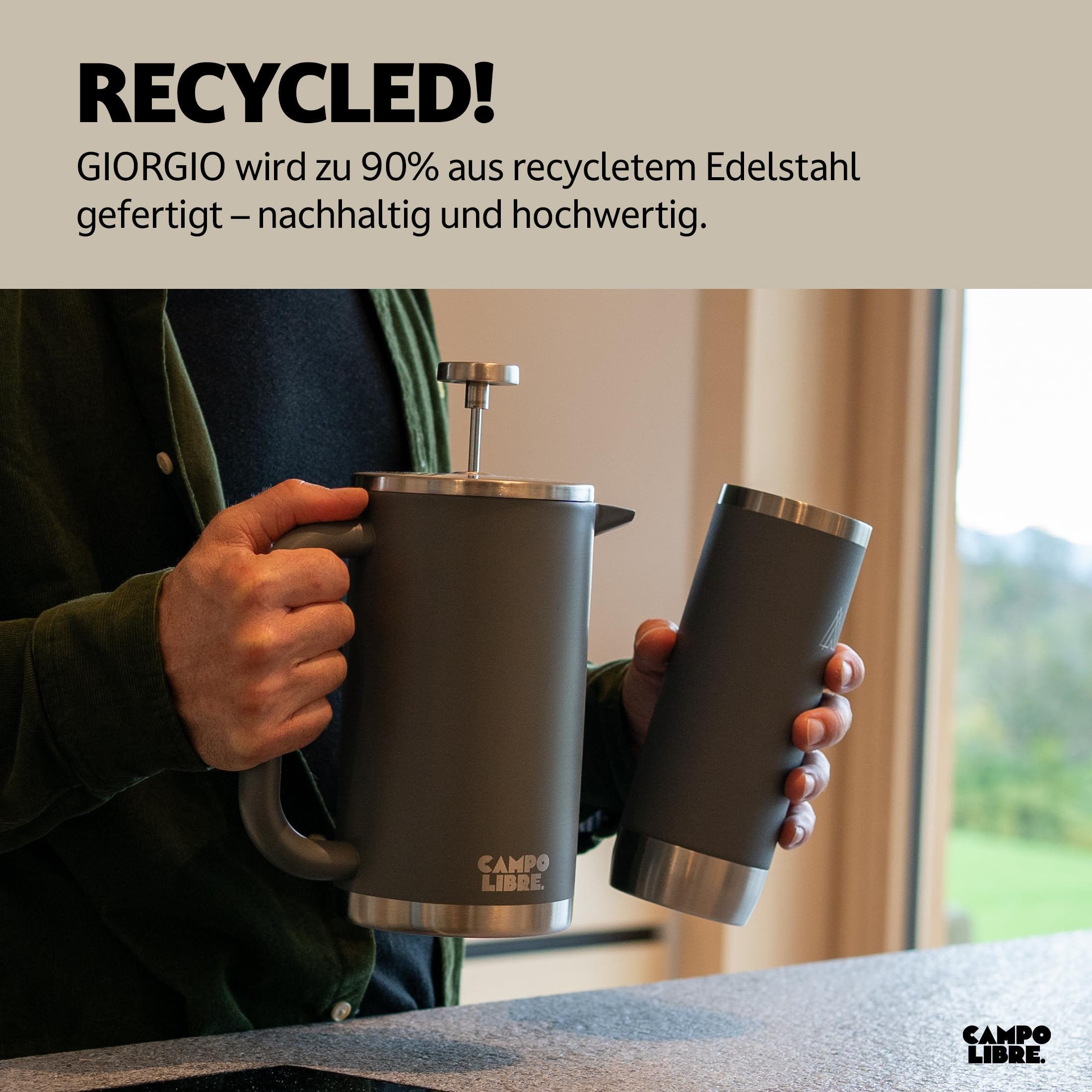 Campo Libre.® Giorgio. French Press I Kaffeebereiter aus doppelwandigem Edelstahl 0,6l I plastikfreie Kaffeepresse mit Thermofunktion inkl. Ersatzfilter I Kaffeezubereiter I 100% recycelter Edelstahl