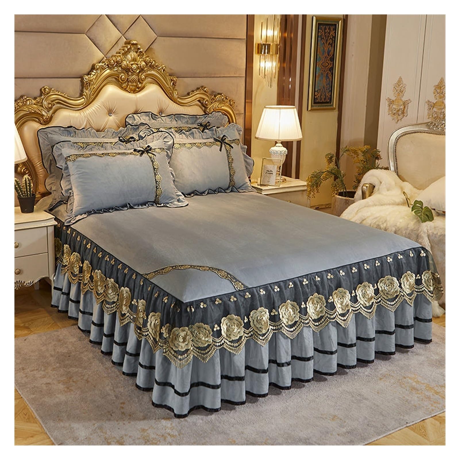 WENYOG Bed skirts Luxury Bedspread On The Bed Wedding Bed Sheet Lace Bed Cover Blanket Fabric King Queen Size Bed Skirt With Pillowcases(Grey,3pcs 120x200cm)