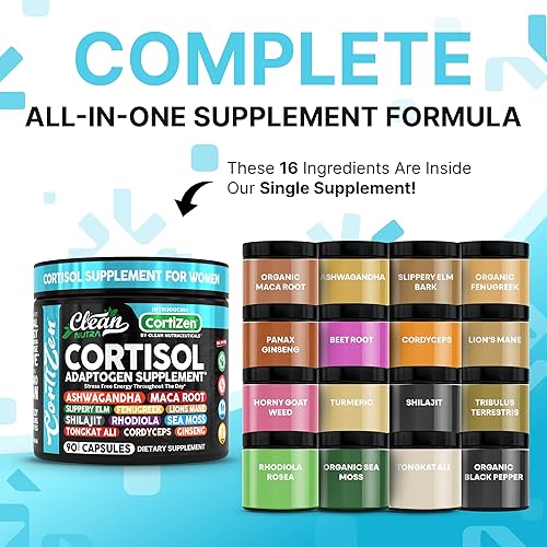 Miniatura 2 de Clean Nutra - Suplementos de cortisol para mujer  Raíz de maca Ashwagandha Cortisol Reductor de desintoxicación + olmo resbaladizo alholva melena de