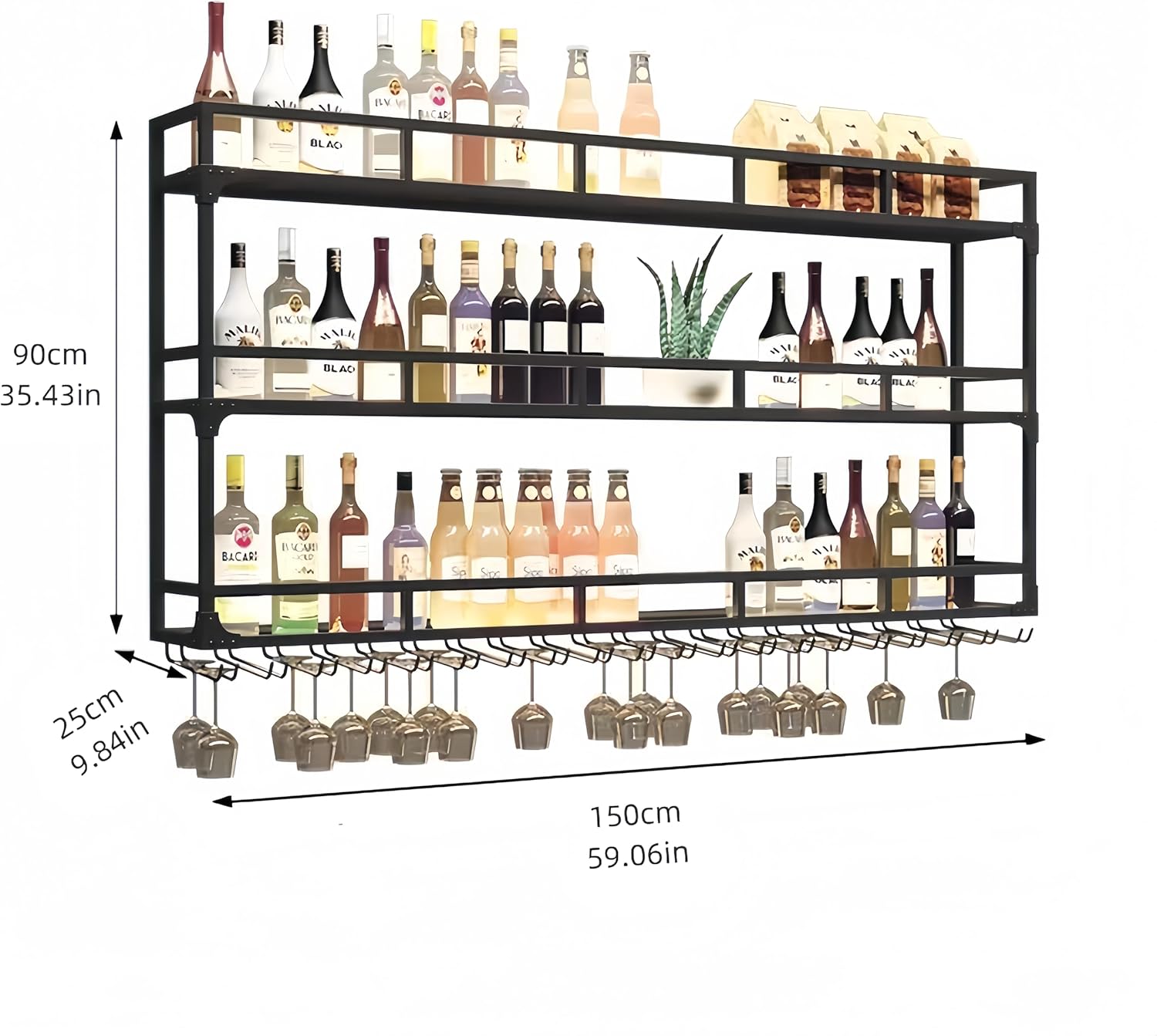 59 Inch Metal Wine Rack Wall Mounted, Bar Shelves Wall Mounted with LED Light, Large 3-Tier Liquor Bar Display Shelf with Wine Glasses for Home Bars, Dining Room & Kitchen, Black