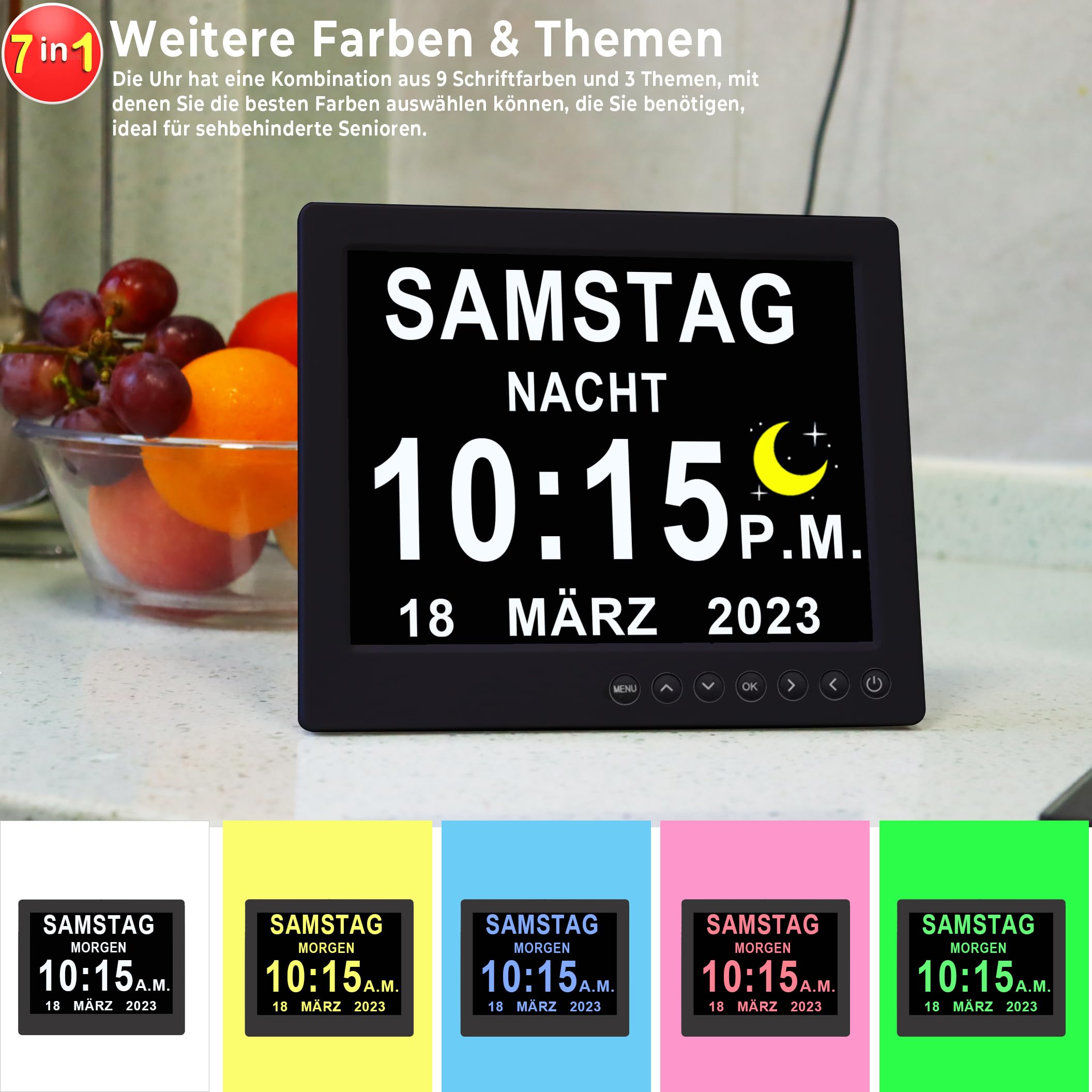 Véfaîî Upgraded 19 Alarme Elektronische Tag Datum Kalenderuhr, Nicht-Abgekürzte Tag Datum Große Uhr für Senioren mit Demenz Alzheimer – mit Fernbedienungr – 8 Zoll mit Fernbedienung