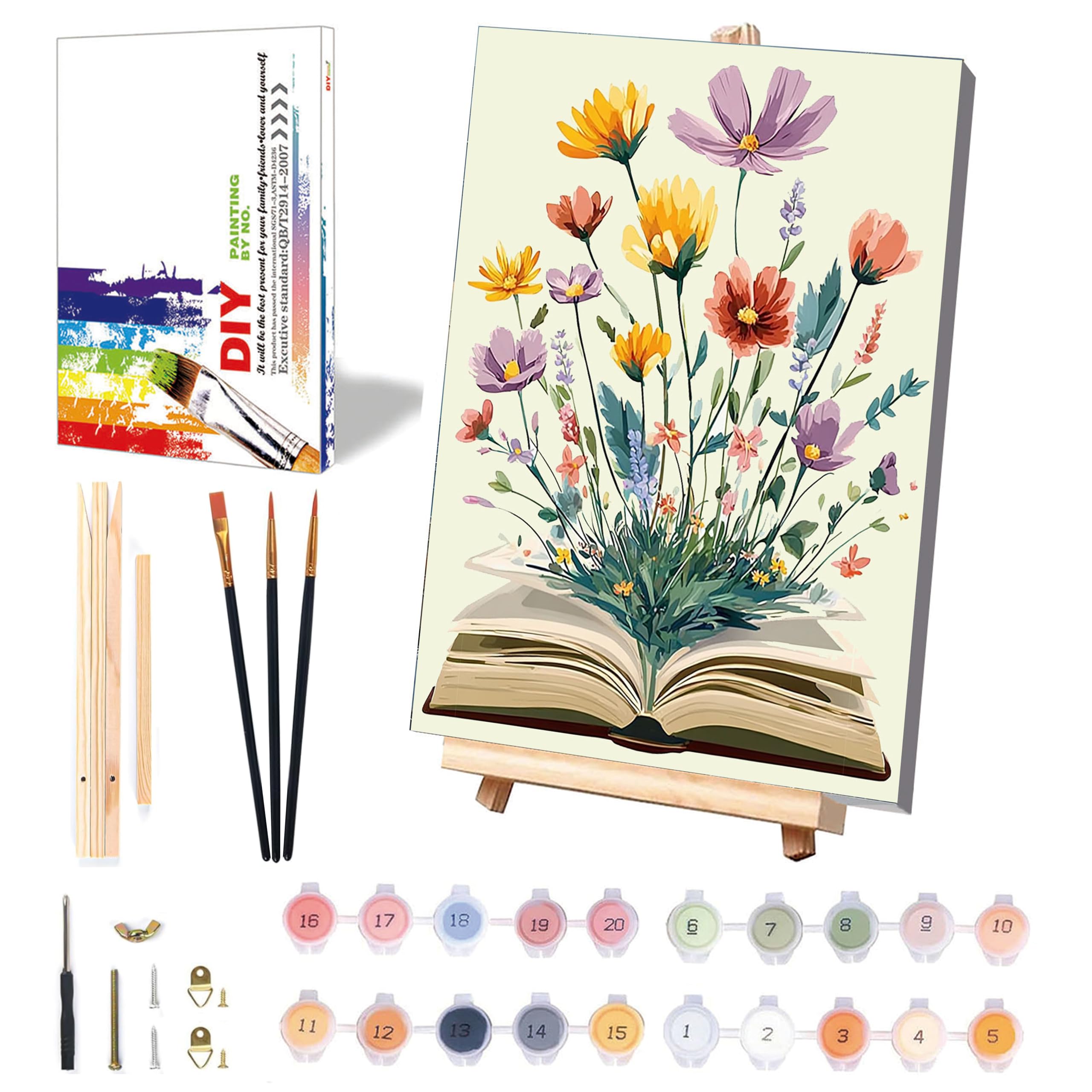 Book Paint by Numbers for Adults with Framed Canvas & Wooden Easel, Flowers Adult Painting by Number Kit on Canvas, DIY Books Acrylic Oil Painting Kit with Brushes for Home Wall Decor 8x12 inch