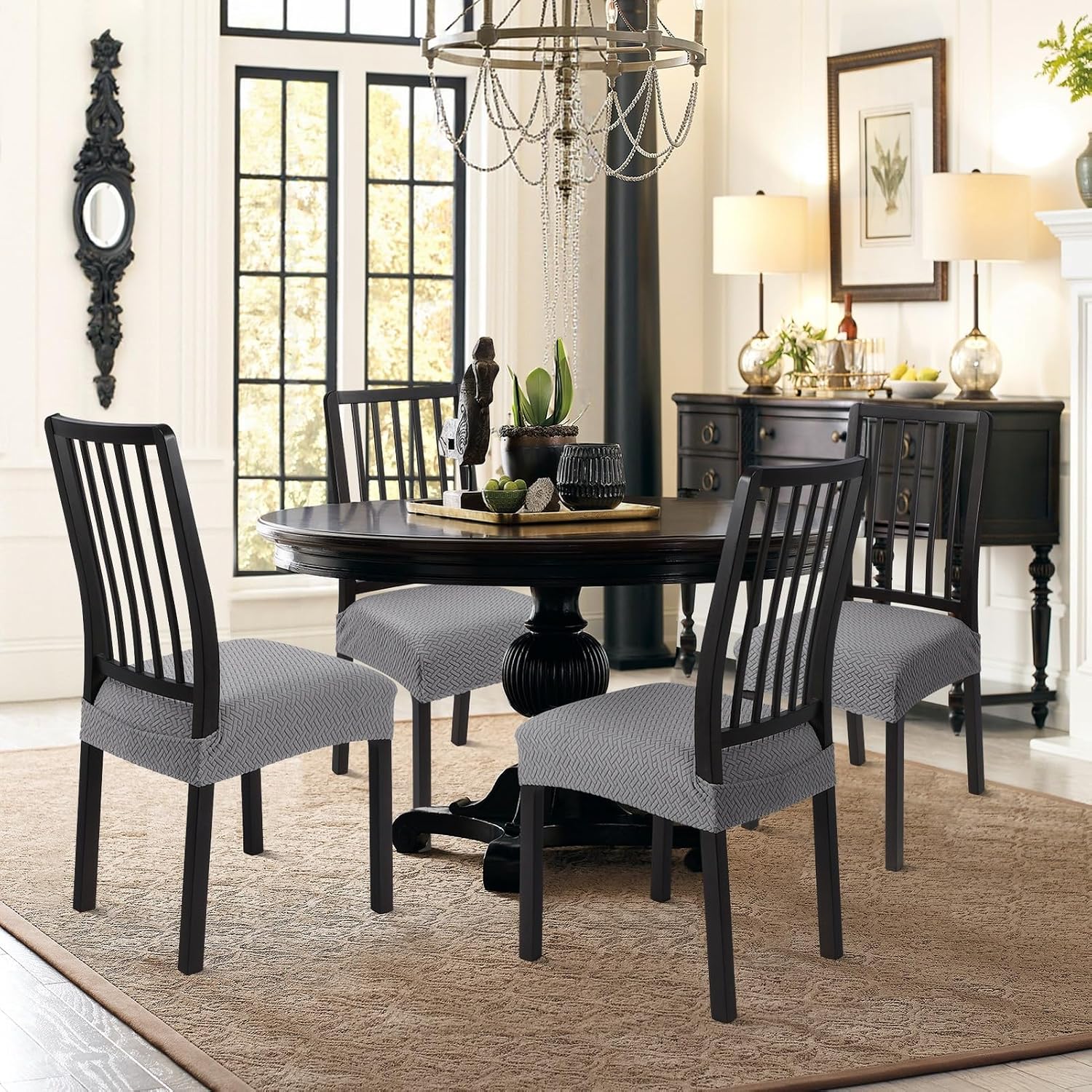 SearchI Dining Chair Seat Covers Set of 4, Rear Covered, Twill Grey