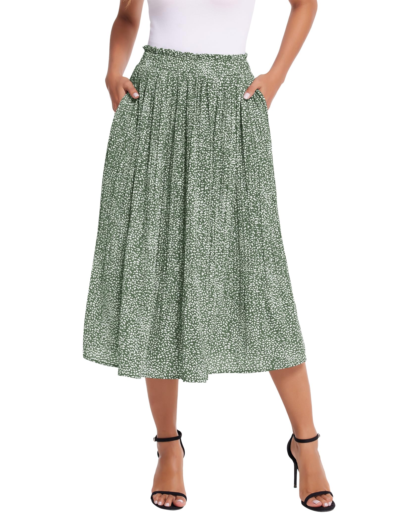 Zeagoo Womens Midi Skirts High Waisted Pleated A-Line Swing Skirts Summer Floral Long Skirts with Pockets