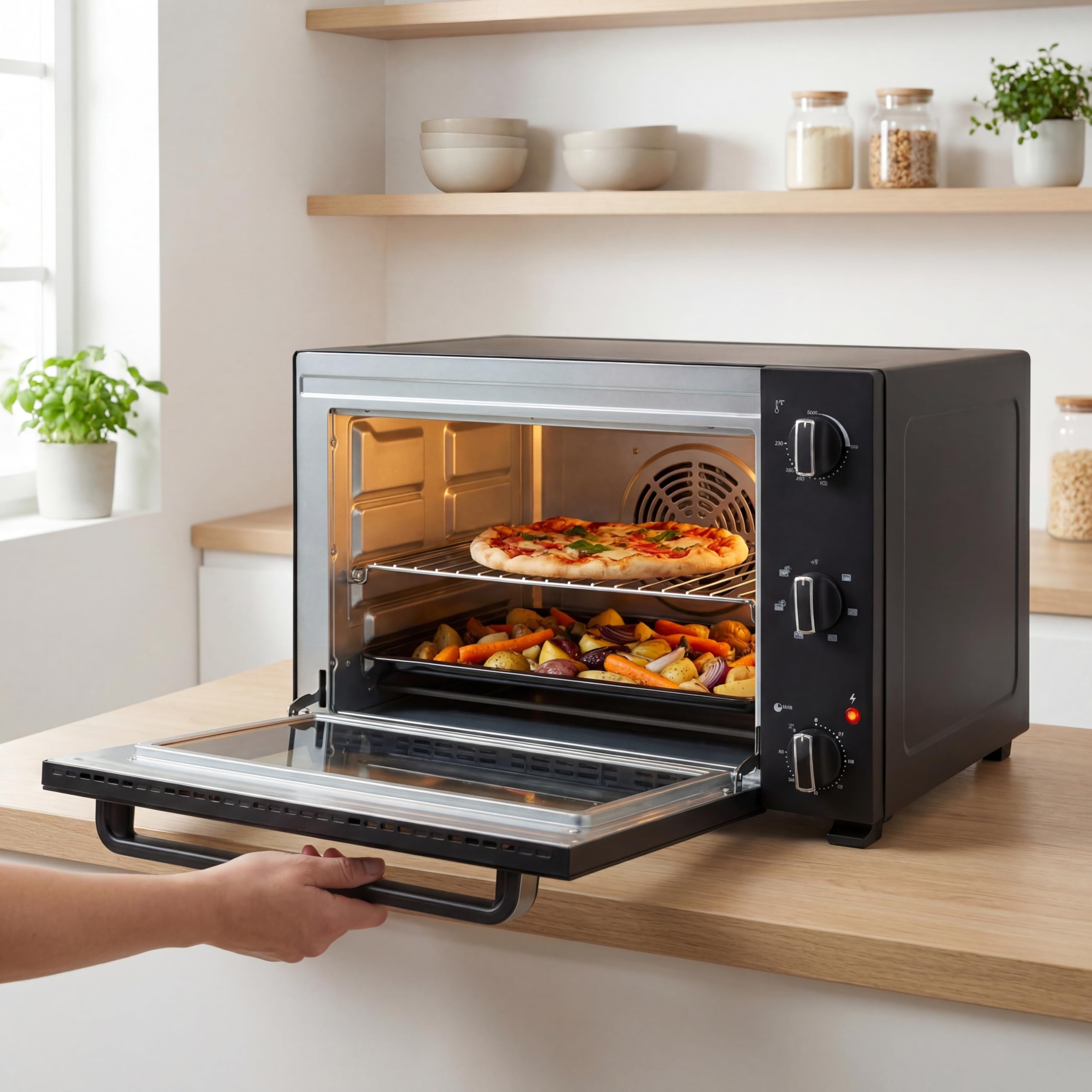 Tristar Forno a Convezione 48 L, 1800 W, Ventilato con 6 Programmi, Timer 90 Minuti, Porta Doppio Vetro, Luce Interna, Teglia e Griglia, OV-3665
