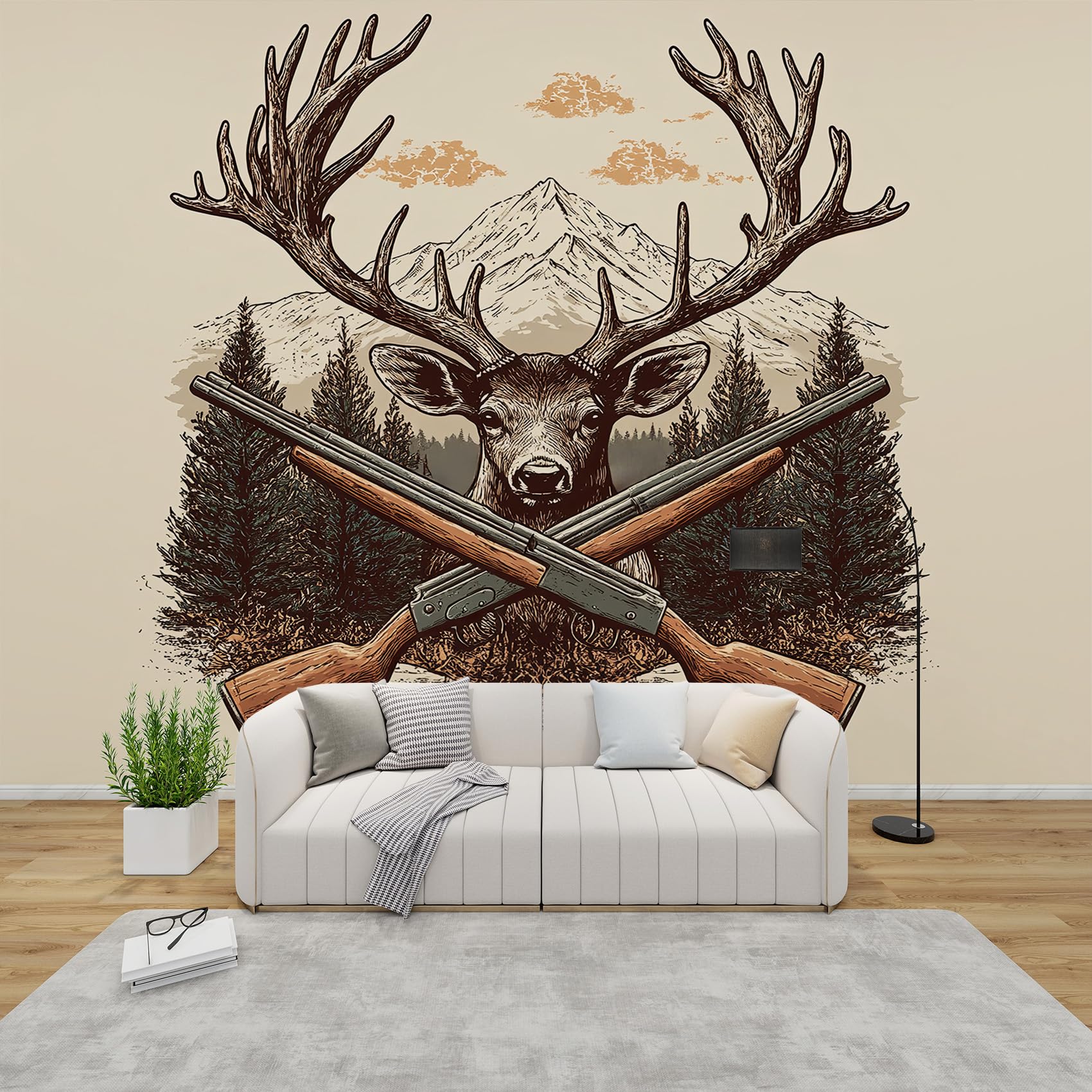 Qeodah Green Brown Deer Mural Wallpaper For Living Room, Rustic Hunting Wall Art For Bedroom, Cabin Animal Wall Murals For Bedrooms, Renter Friendly Removable Waterproof Non-Woven Photo Wallpaper 3D, 150X105 Cm