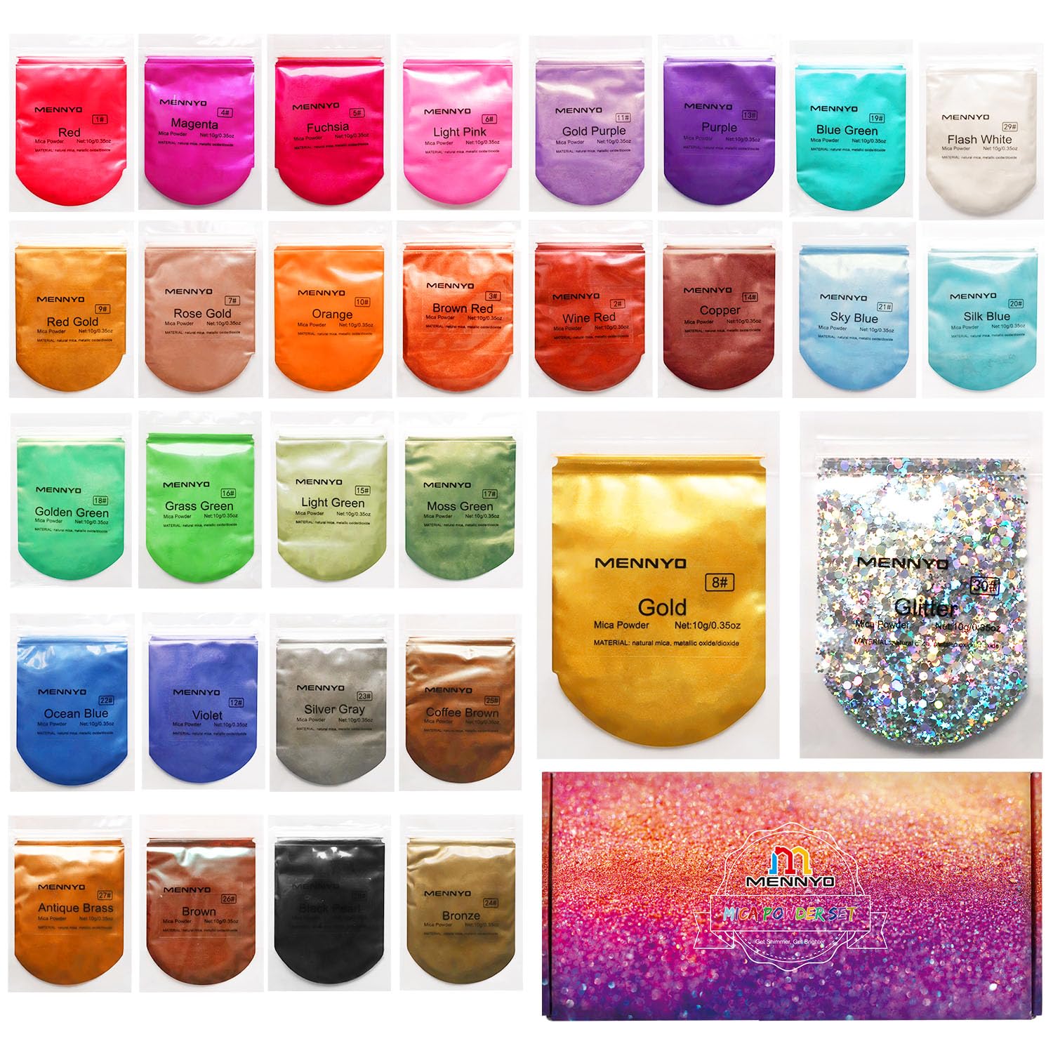 MENNYO Epoxidharz Mica Pulver Set, 30 Farben Pigment für Harz & Kosmetik | 5g pro Farbe, 150g Gesamt, für Seife, Badebomben, Kerzen, Nagellack, Lidschatten, Schleim, DIY Basteln, Ungiftig, Vegan