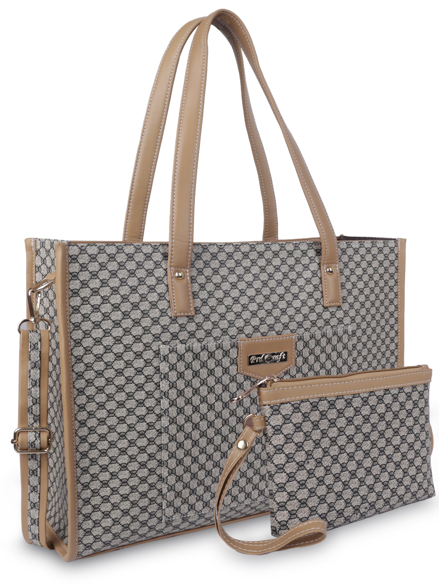 prd craft international Women's Office Tote Bag Stylish Travel Friendly Large Capacity Fits Up to 13.5-inch Laptop Shoulder Bag with Pouch Beige Color-picture-1