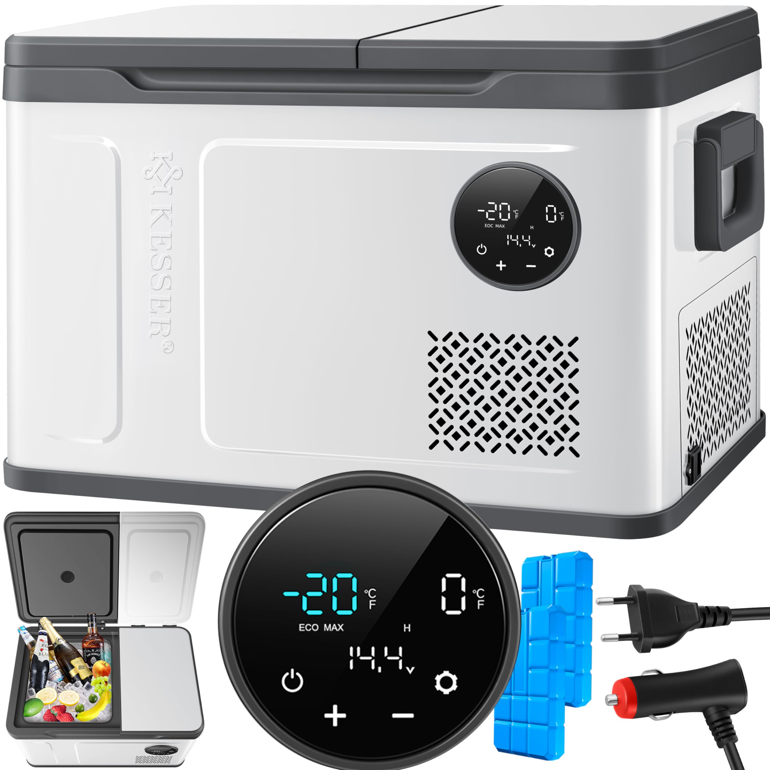 KESSER® Nevera eléctrica de compresor 2 en 1, congelador eléctrico de 40 litros, Control táctil LED, 12/24V y 230V, enfriamiento hasta -20 °C para Coche, camión, Camping | Plata