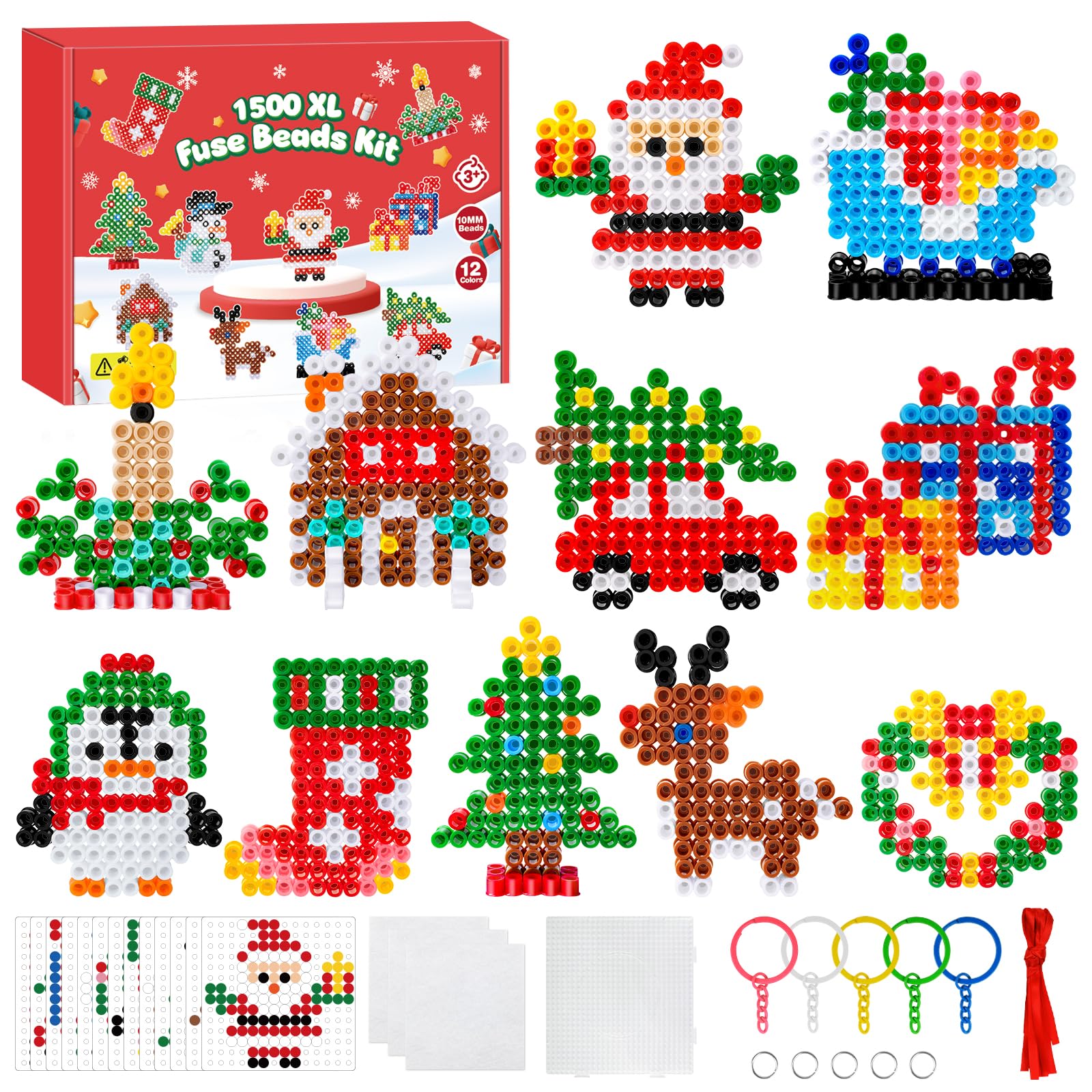 PITMT Bügelperlen Groß Set 10mm, 1500 Stück XL Steckperlen Weihnachten 12 Farben mit Steckplatte, 12 Muster 3 Bügelpapier 5 Schlüsselanhänger für Kinder ab 3 Jahren Kreatives Basteln Handwerk Geschenk
