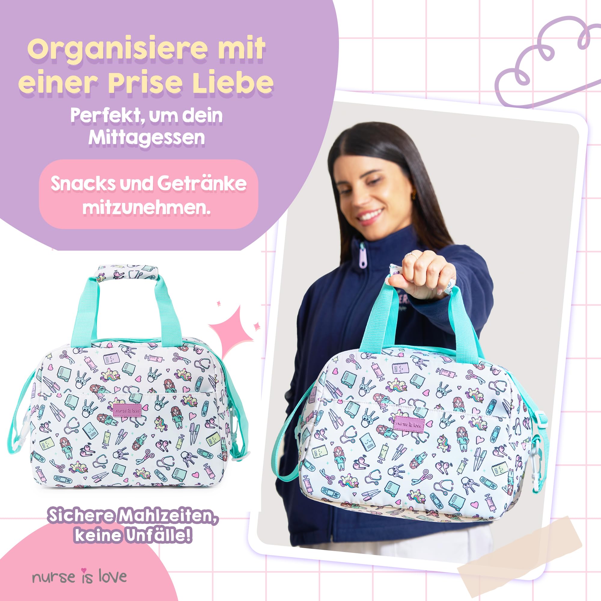 Nurse is Love Kühltasche Klein Für Krankenschwester, Lunchtasche, Lunch Bag, Thermotasche, Frühstückstasche Mit Fächern + Gurt Passt Mit Brotdosen | Krankenschwester & Arzt Zubehör.