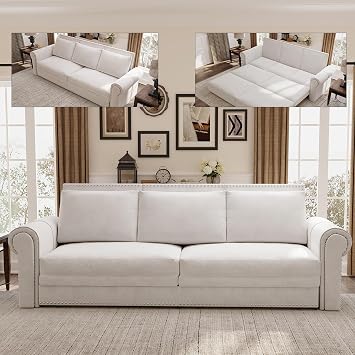 Velvet 3 Seater Sleeper Sofa for Living Room Sofa Sleeper with Pull Out Bed 3-in-1 Convertible Sitting Lying Sleeper Sofa with Nailhead Trim & Rolled Arm for Bedroom,Office Velvet White, 93"