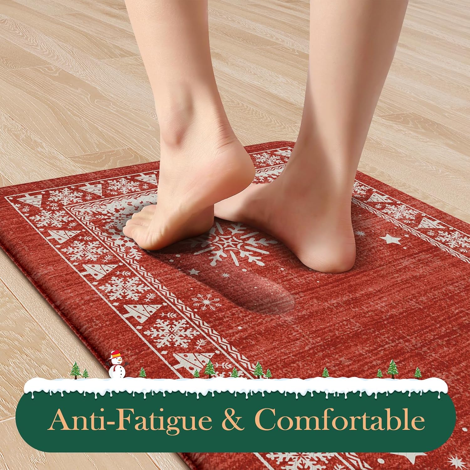 Christmas Kitchen Mats for Floor 2 Piece, Snowflake Kitchen Floor Mats Cushioned Anti Fatigue Kitchen Rugs Non Slip, Bordered Comfort Thick Standing Mat for Home Decor,Sink(Red)