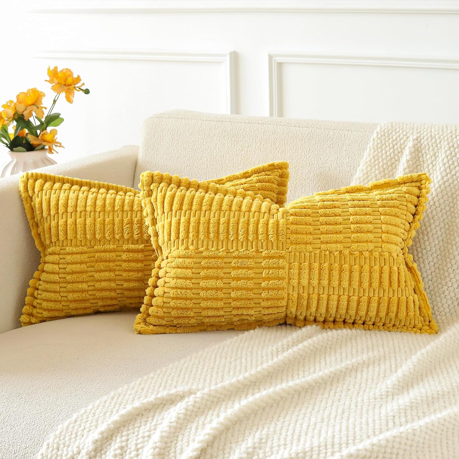 JOTOM Set of 2 Corduroy Soft Striped Cushion Covers with Splicing 30×50 cm Boho Decorative Throw Pillow Covers Lumbar Cushion Case Couch Pillowcases for Sofa Bed Home Decor 12×20 Inch (Mustard Yellow)