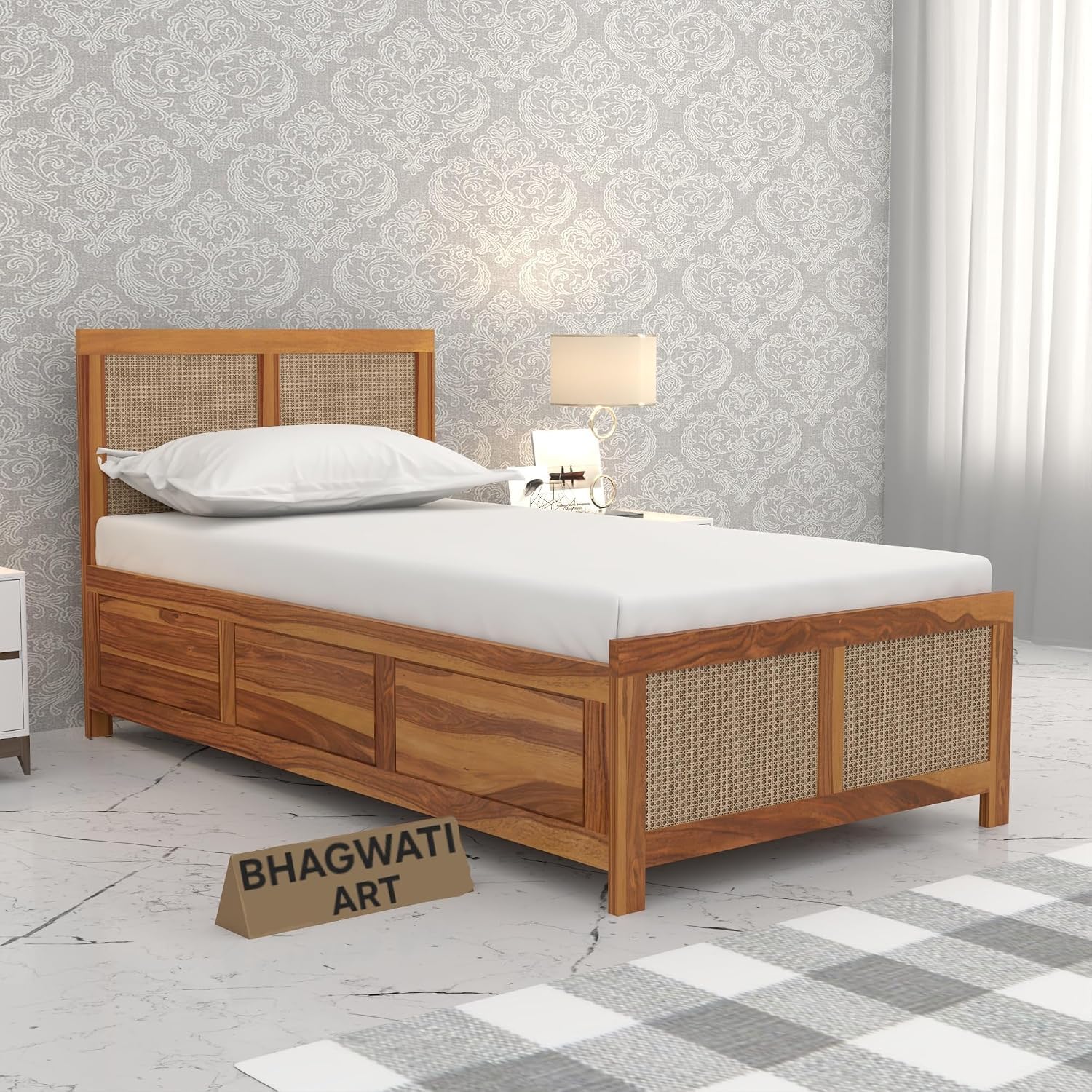 Solid Sheesham Wood Single Bed with Rattan Cane Design| Single Cot Wooden Bed with Storage Box|Cane Bed Furniture for Bedroom Home & Hotels|2 Jaali Rattan Cane Design Bed, Honey Finish-image-23