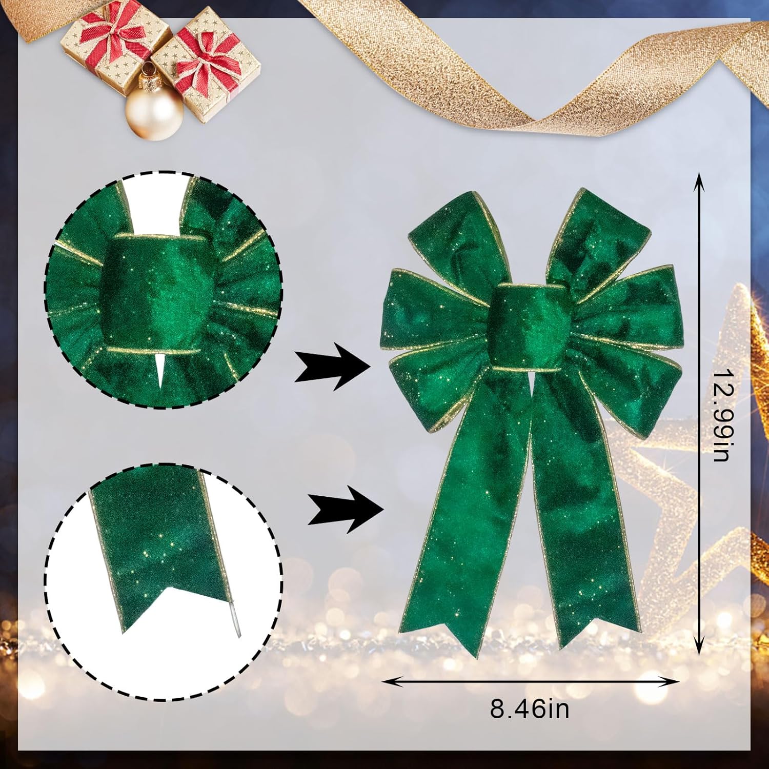 2 Pieces Christmas Green Velvet Bows for Wreath, Xmas Wreath Bows Winter Holiday Craft Tree Topper Bows for Front Door Christmas Party Decorations - Image 2