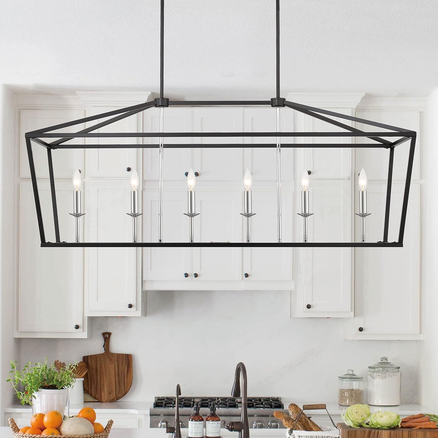 Vanity Art 6 Lights Kitchen Island Linear Pendant Chandelier | Modern Hanging Lighting Farmhouse Light Fixtures for Over Dining Table Kitchen Living Room (Black/Chrome) 12036BK-CH