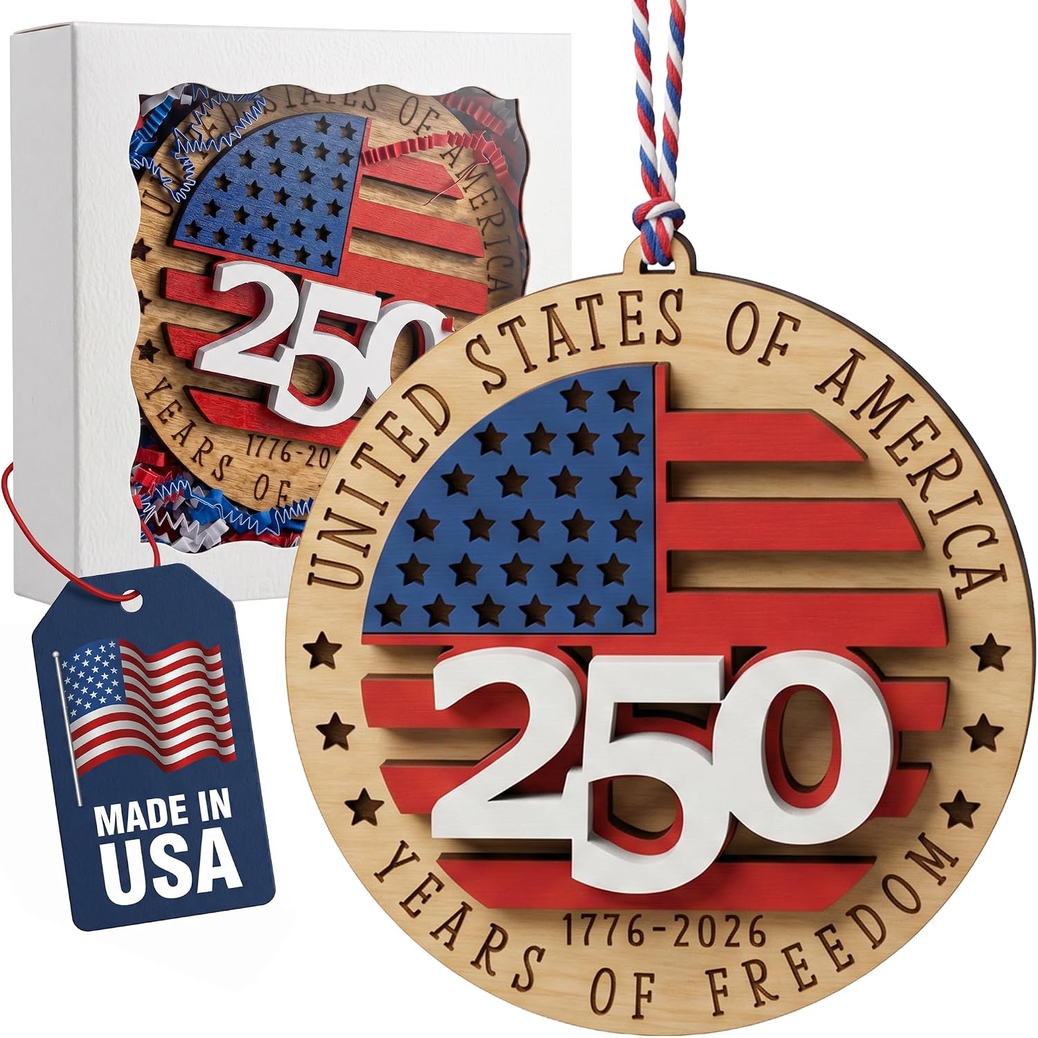 Made in USA | 250th Anniversary Christmas Tree Ornament 1776-2026 | America 250 Commemorative Patriotic Keepsake | Handmade United States Red White Blue Ornament with Premium Gift Box