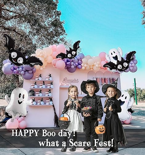 Miniatura 4 de Kozee Kit de decoración de guirnalda de globos de cumpleaños de Halloween pastel, 130 globos morado, rosa, naranja + globos de Mylar de murciélago