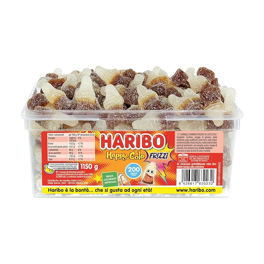 Haribo Happy Cola Frizz, Caramelle Gommose Frizzanti, Gusto Cola, Ideali Per Feste E Dolci Momenti Di Relax - Circa 200 Pezzi [1150gr]