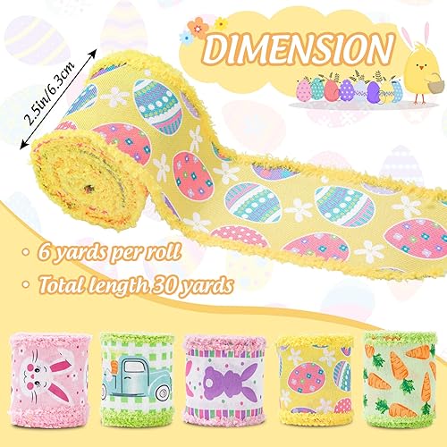 Miniatura 2 de Whaline Cinta de Pascua con borde con alambre de 30 yardas, rosa, verde, amarillo, poliéster, 2.5 pulgadas x 6 yardas cada uno, 5 rollos, Pascua,