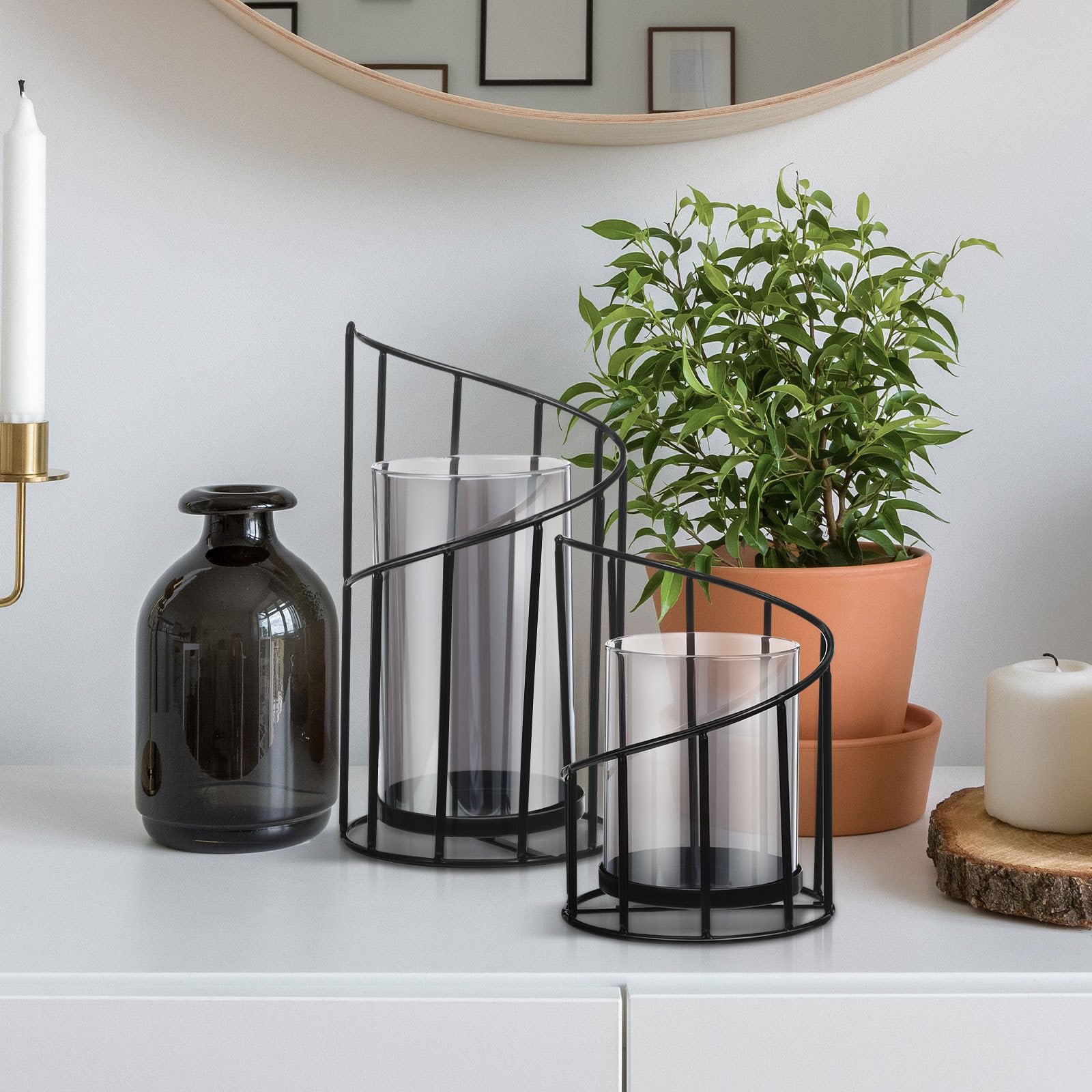 Mikikit 2 Stück Windlicht aus Glas und Eisen Moderner Hängender Kerzenleuchter als Multifunktionale Tischdekoration mit Geometrischem Design für Wohnzimmer und Hochzeit