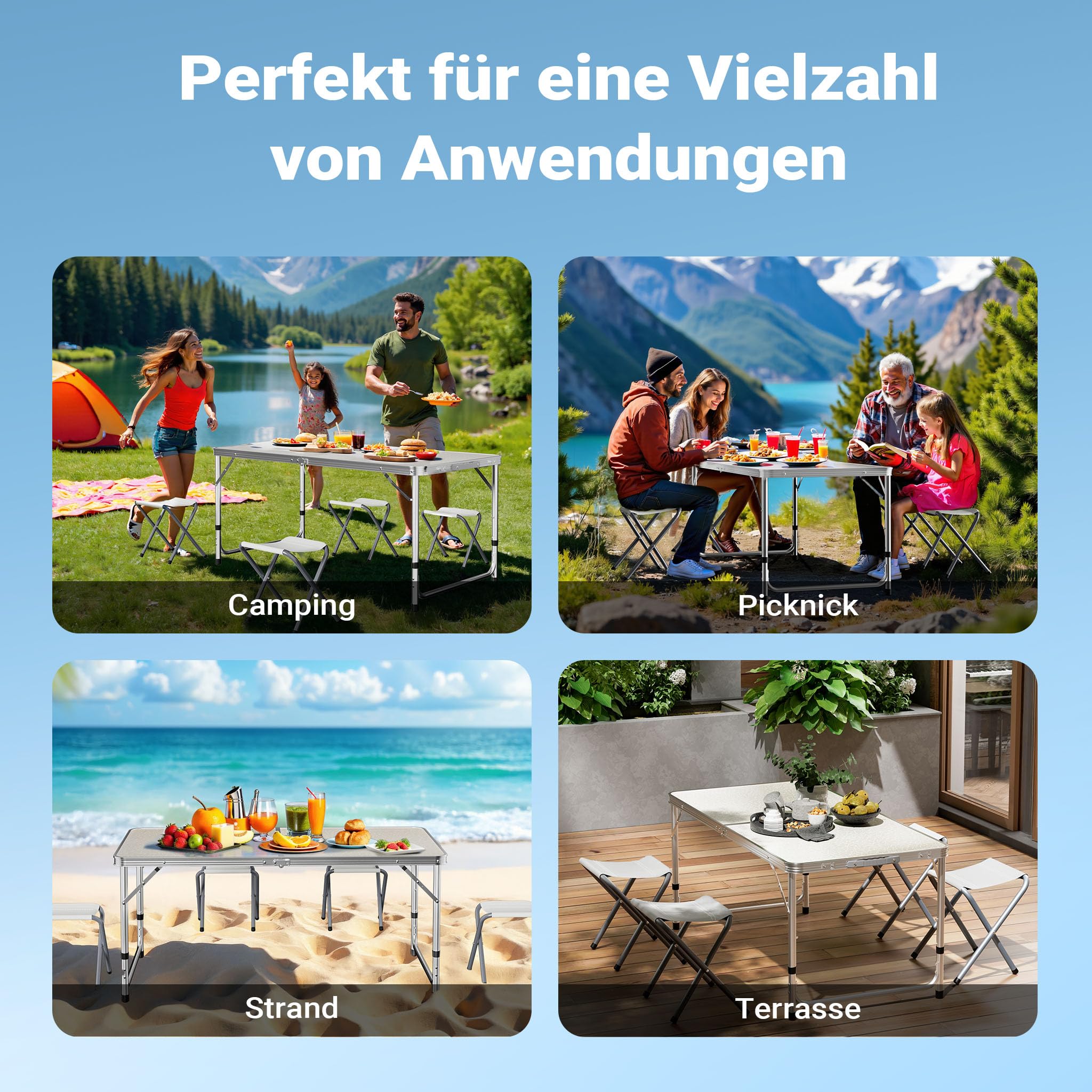 Wiltec Campingmöbel Set 5tlg. Campingtisch mit Stühlen höhenverstellbarer Tisch Plus 4 Campingstühle Aluminium Sitzgarnitur Campingtisch klappbar Klapptisch Camping Garnitur faltbar