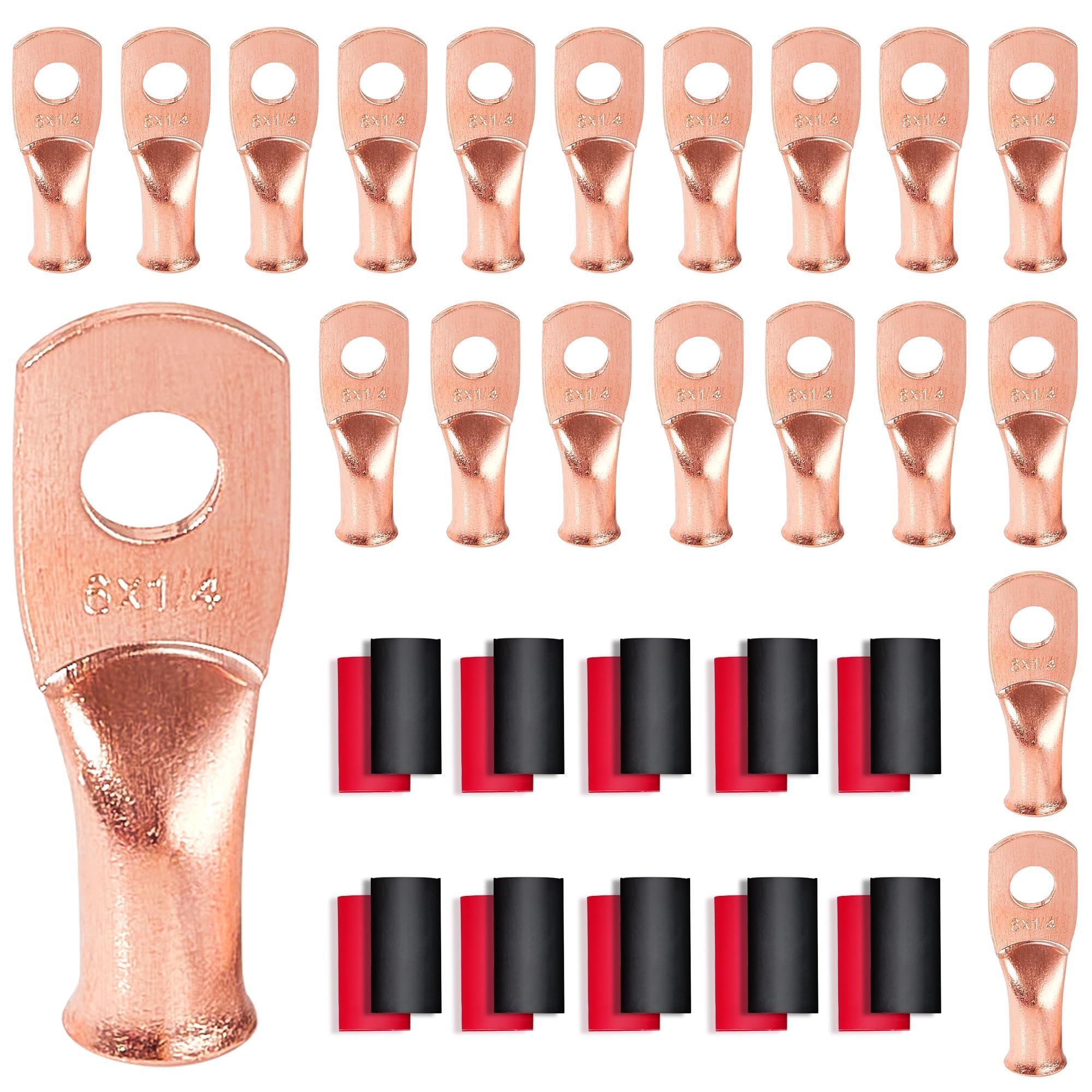 RED WOLF 6 AWG 1/4" Battery Cable Ends Wiring Copper Connector Ring Terminals Stud 20 PCS w/3:1 Heat Shrink Tubing Black Red for Automotive Electrical