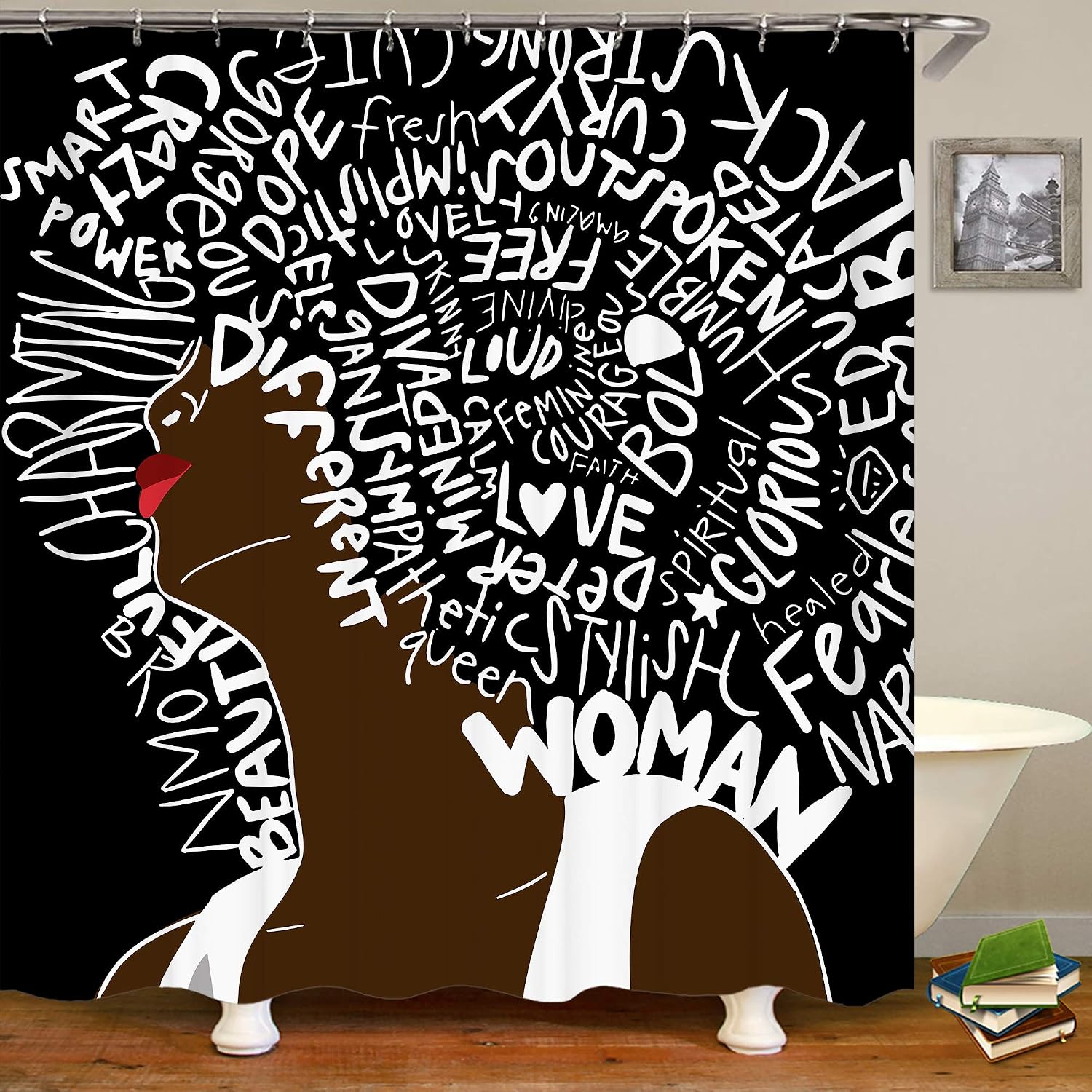 SARA NELL Shower Curtain African American Women Waterproof Polyester Fabric African Art Afro Women Quote Hair Art Bath Curtain Bathroom Decor Set with Plastic Hooks-72 X 72 Inches-Black White Brown