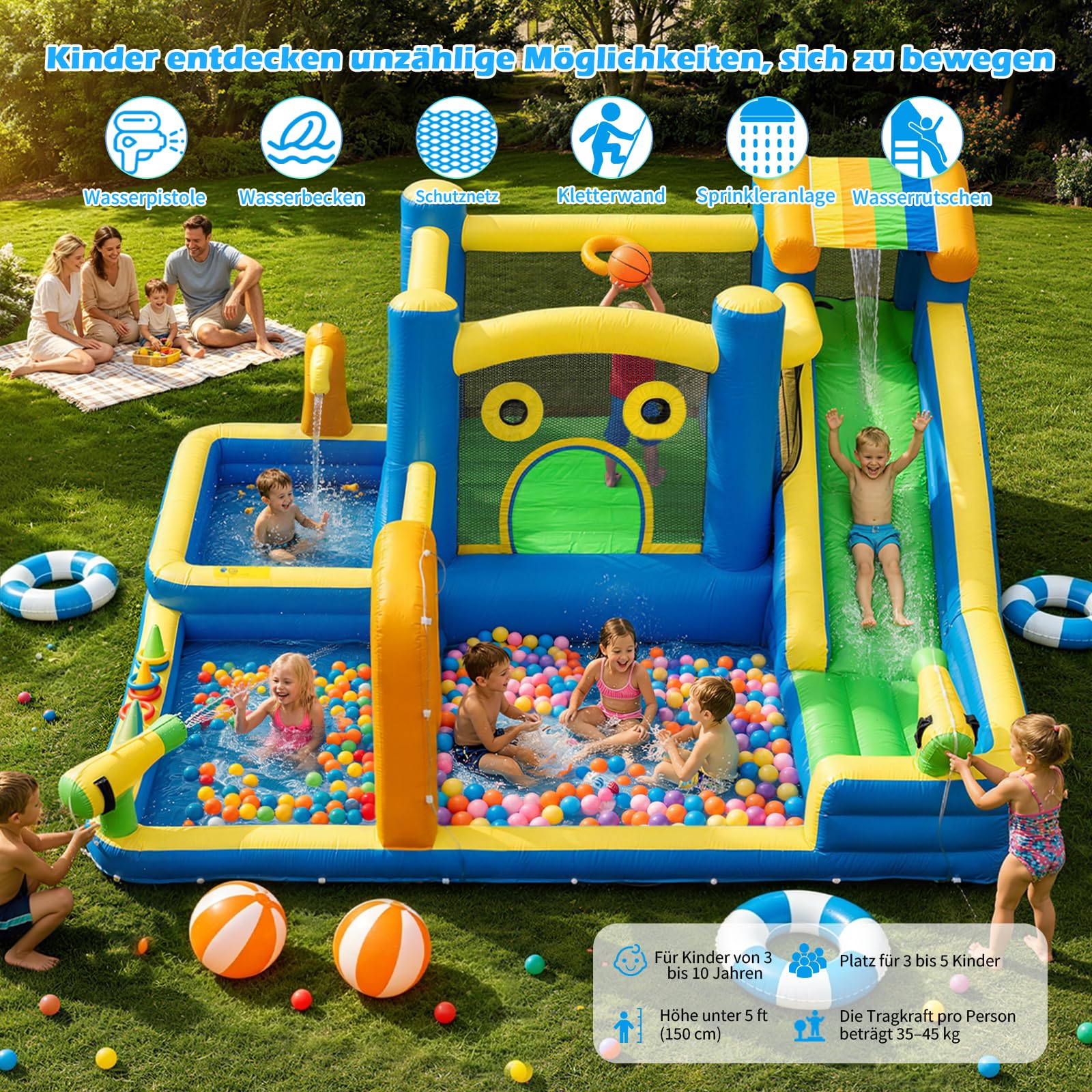 Casa di rimbalzo per bambini, AONESY Castello di rimbalzo gonfiabile con scivolo d'acqua, spruzzatori d'acqua, arrampicata, salto, Area di calcio e canestro per il cortile all'aperto dell'interno