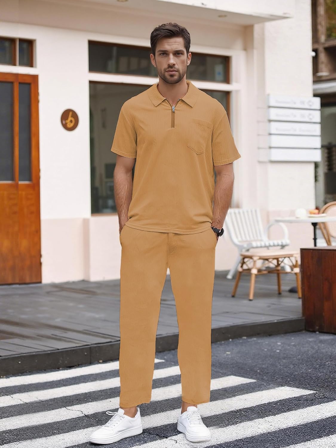 Bealin Mens Summer Beach Outfits 2 Piece Casual Quarter Zip Short Sleeve Vertical Stripe Shirt and Loose Pants Set - Image 2