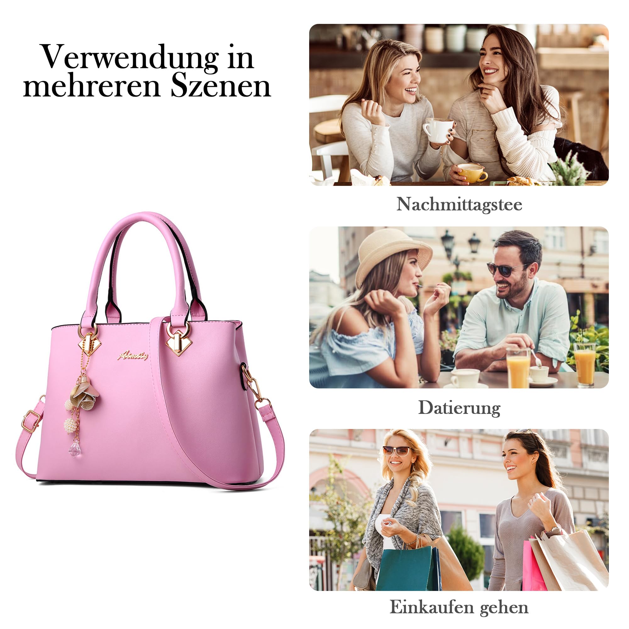 Damen Handtasche Mittelgroß – Elegant & Praktisch mit Abnehmbarem Schulterriemen, Wasserabweisend PU Leder, für Alltag, Arbeit und Shopping (Rosa)