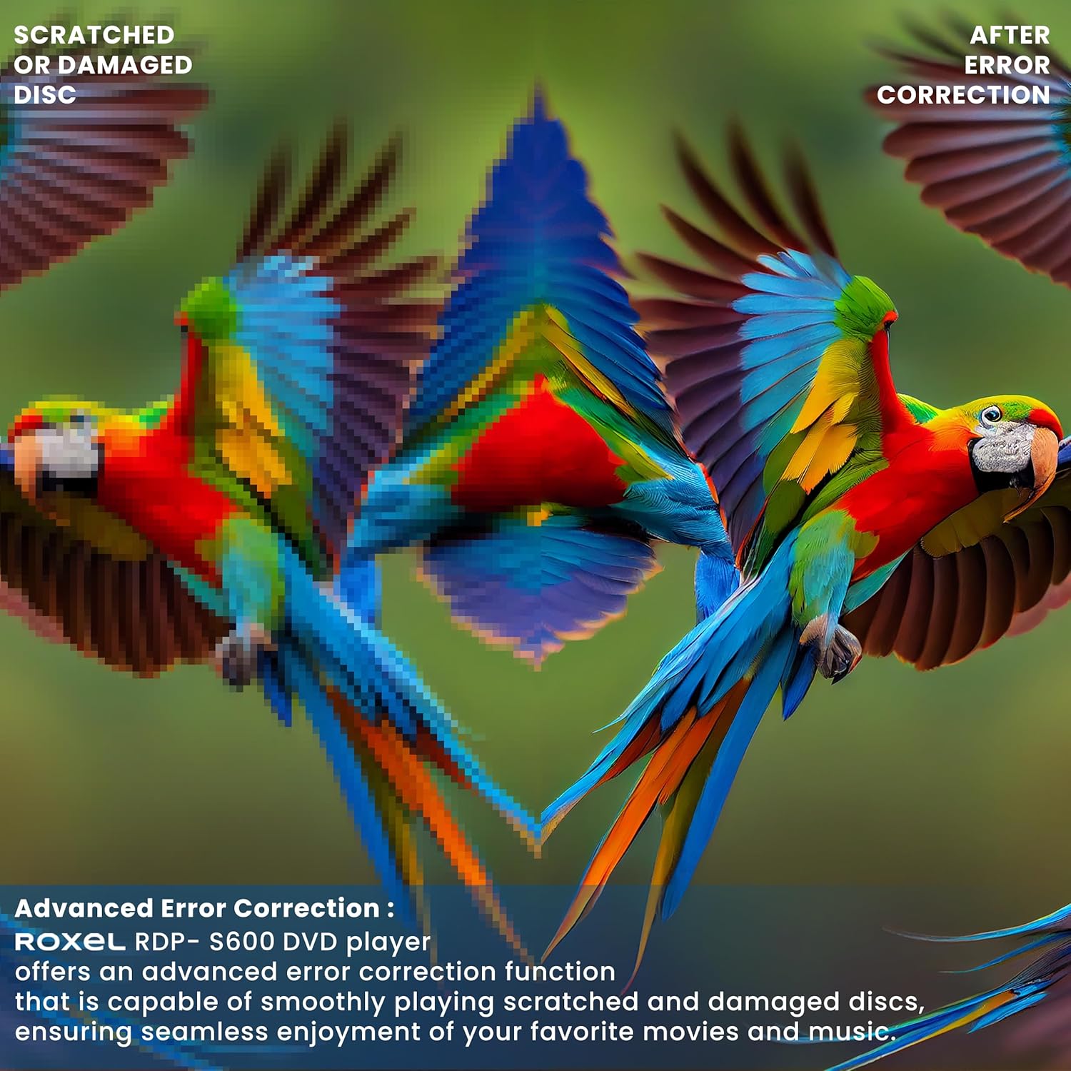 Image showing a scratched disc and the corrected image, illustrating error correction