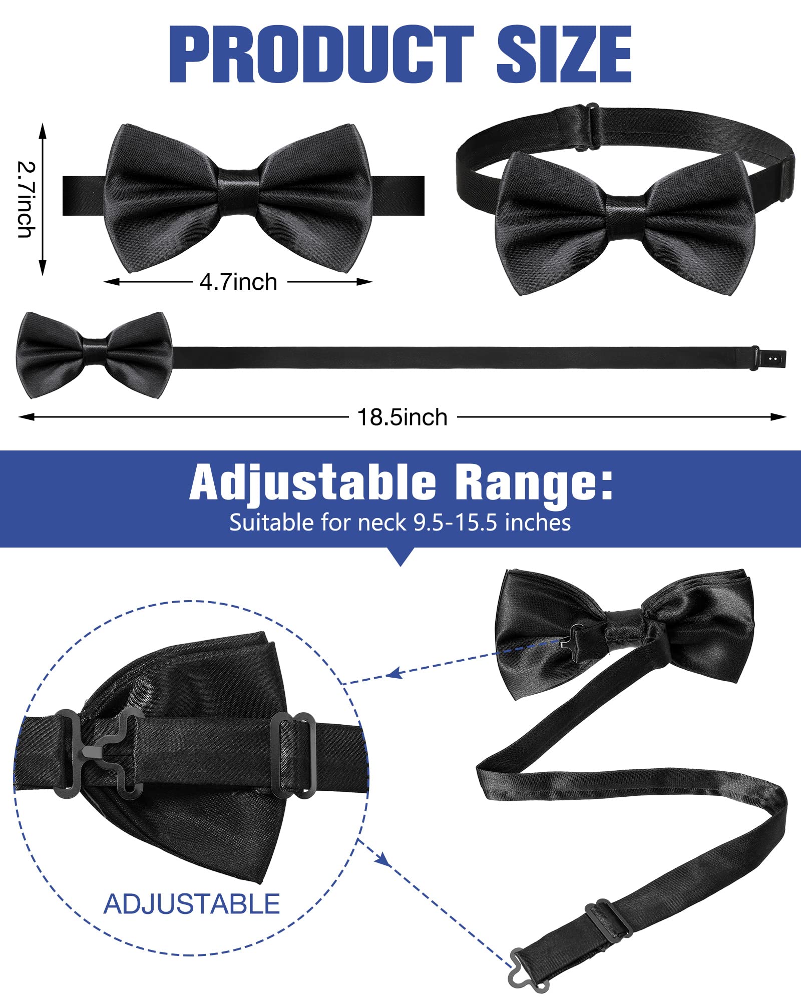 JaGely 40 Pcs Men's Bow Ties Pre Tied Tuxedo Formal Adjustable Clip On Bow Satin Bowtie for Men Costume Wedding Party(Black)