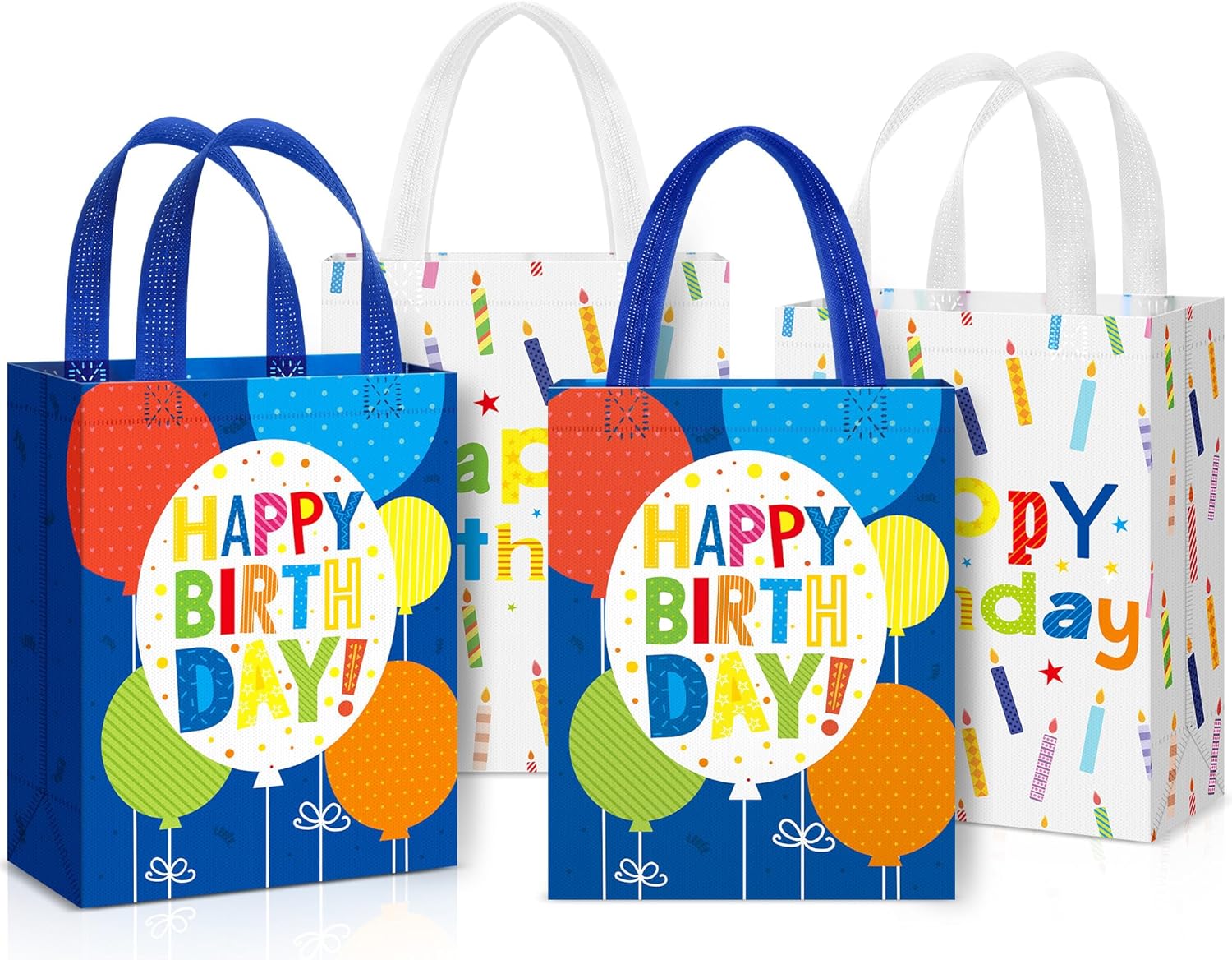 4 Pcs Happy Birthday Gift Bag Non Woven Wrap Bags with Handle Large Birthday Tote Bags for Goodies 10.2 x 8.3 x 3.9 Inch Reusable Birthday Party Gift Bags for Girls Boys Women Men