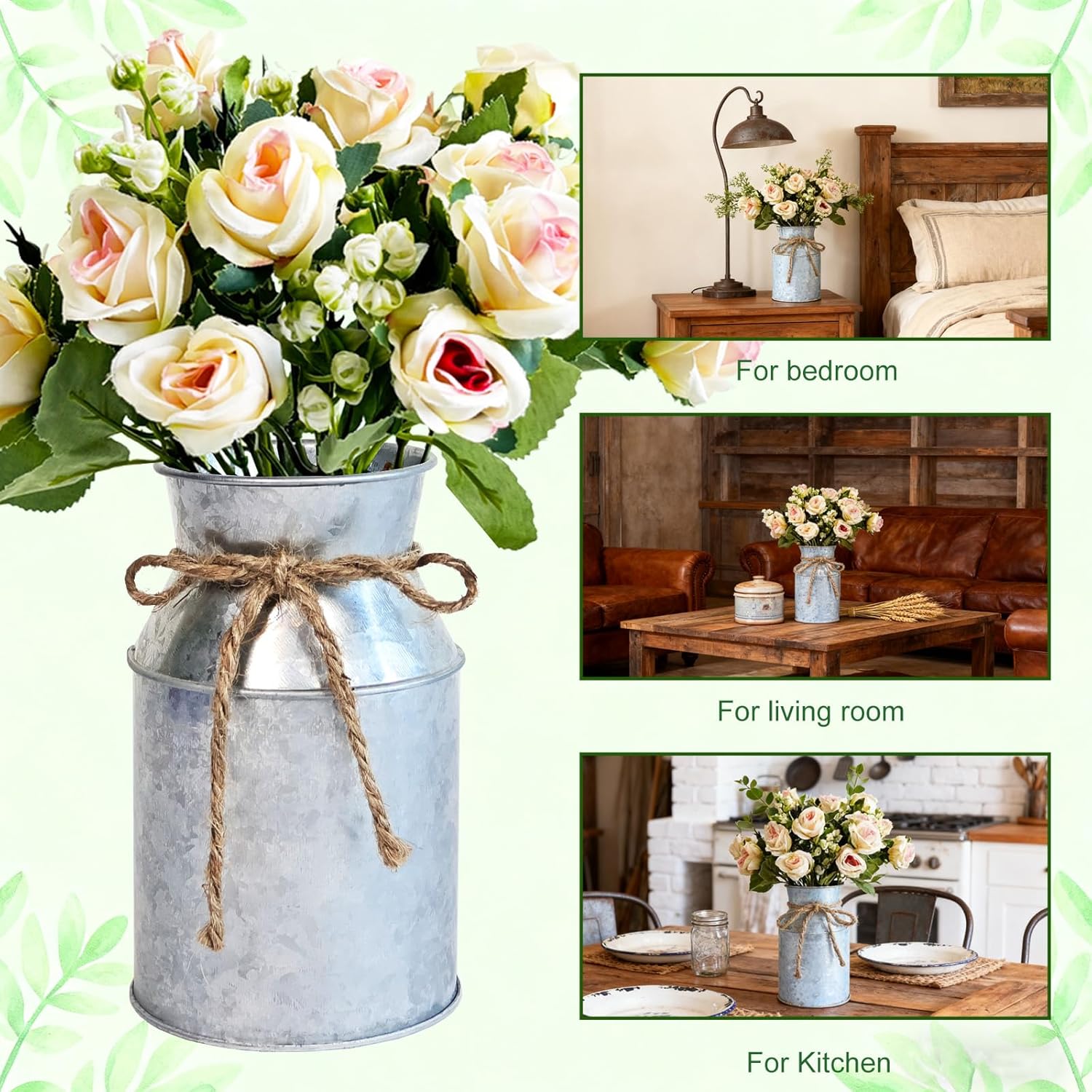 4 Sets Farmhouse Wedding Flower Centerpiece for Tables Decorations, Rustic Artificial Roses Bouquet with Metal Galvanized Vase Pot for Party Bridal Shower Party Event (Silver Vase & Champaign Roses)