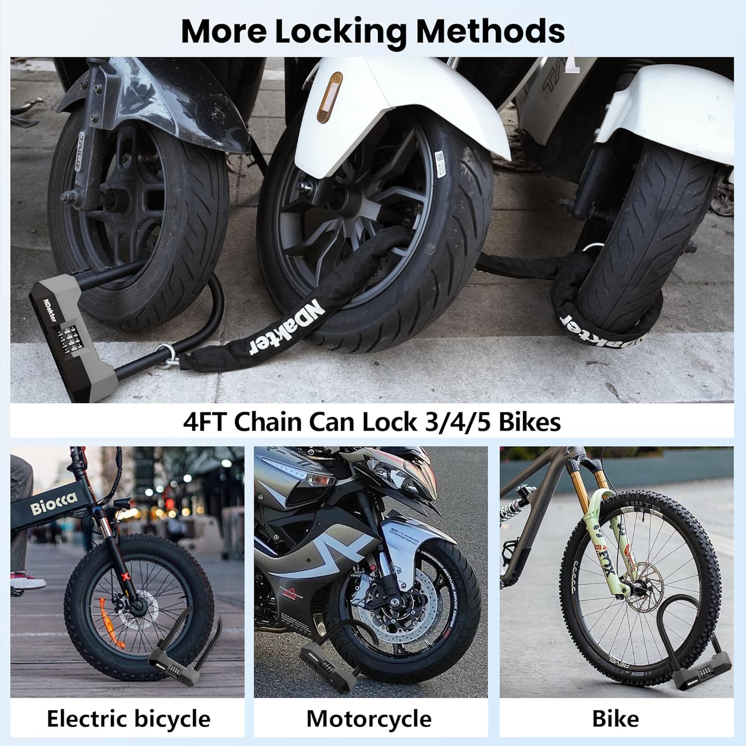 NDakter Bike Locks Heavy Duty Anti Theft, 18mm Bicycle Combo U Lock, 4-Digit Resettable Large Combination Lock with 5FT Steel Cable and Bracket, for Electric Scooter, Ebike, Motorcycle