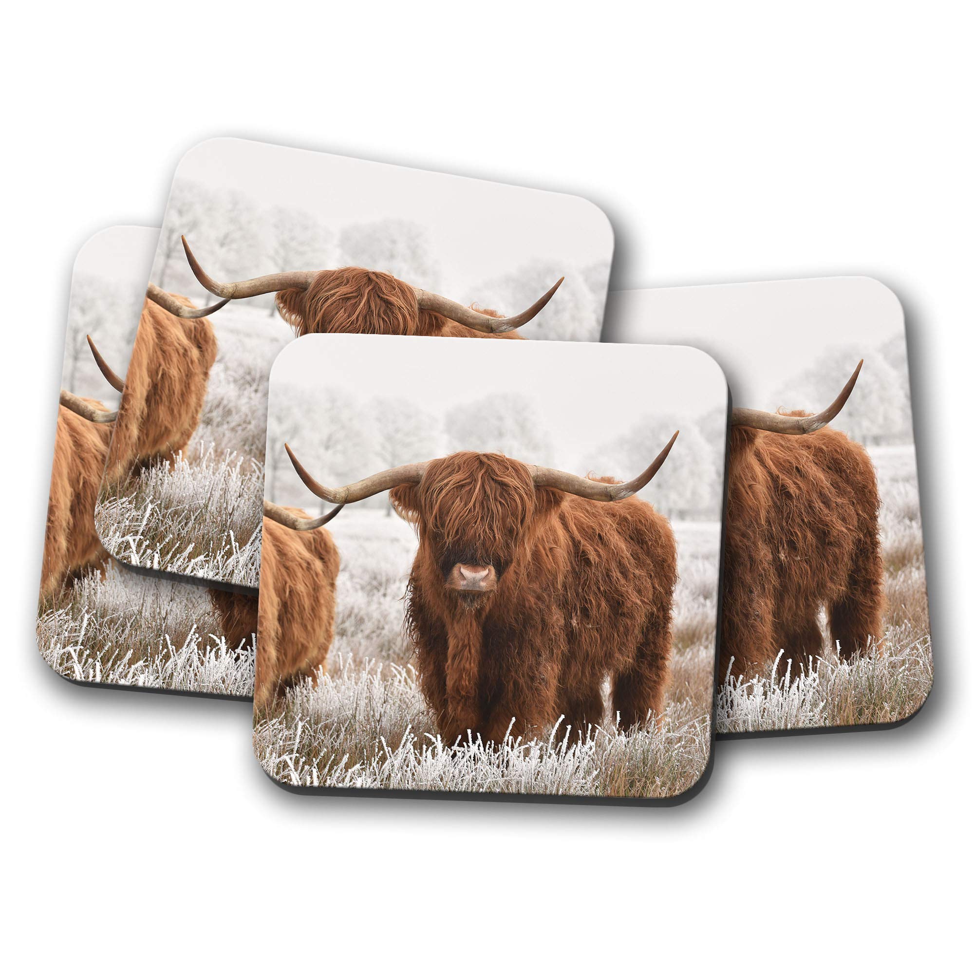 Destinationvinyl Multicolor 4 Set - Highland Cow Coaster - Cattle Scotland Hairy Fluffy Bull Fun #14591
