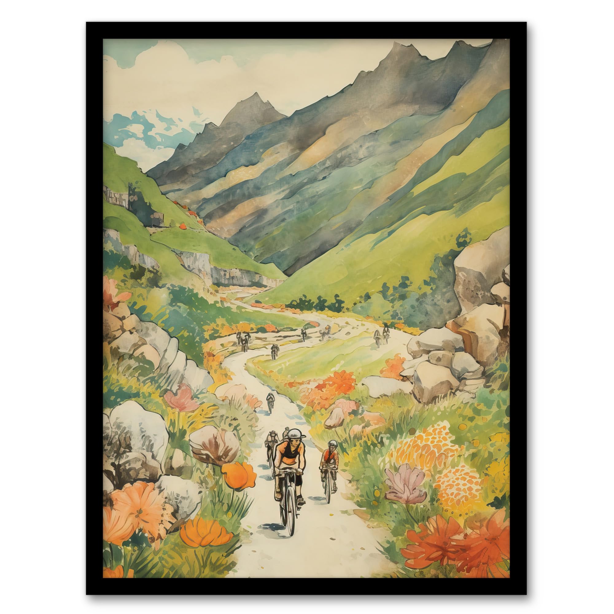 Artery8 The Bike Ride Through The Alps Watercolour Painting Alpine Bikers On Scenic Mountain Trail Artwork Framed Wall Art Print A4