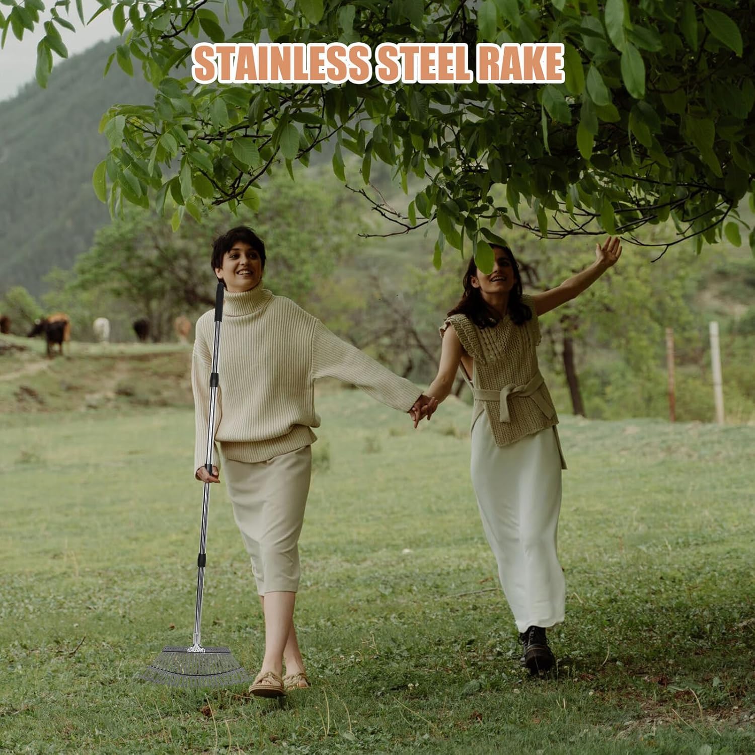 HEMOTON Heavy Duty Garden Rake with 25 Steel Tines and Stainless Steel Handle, Small Multi-Section Metal Leaf Rake for Flower Beds, Lawns, Shrub Gardening and Yard Cleanup