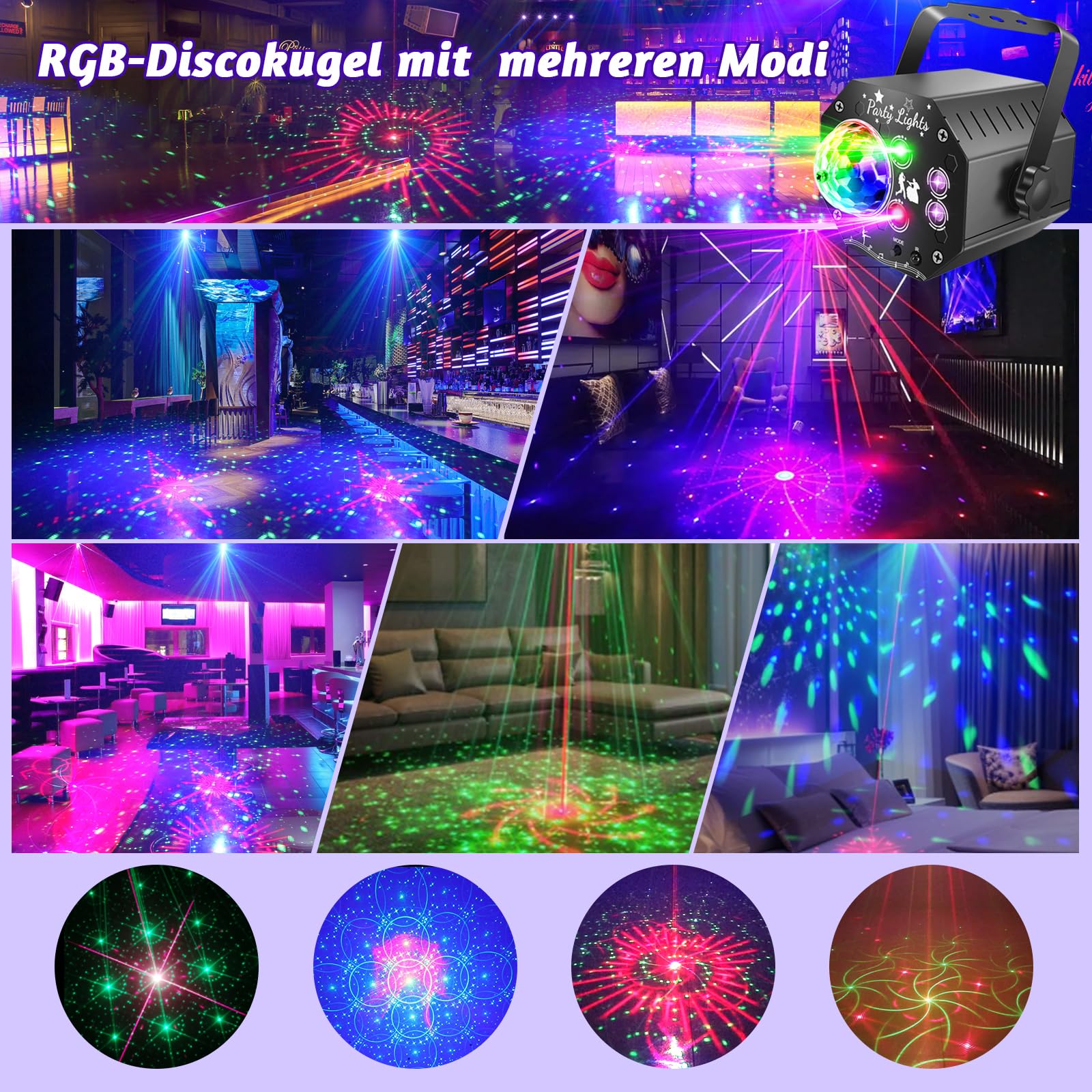Nauotk 5 in 1 Discolicht Partylicht, Musikgesteuert Disco Licht mit Fernbedienung, 360° Drehung Discokugel licht mit Stroboskop, UV Schwarzlicht, Sprachsteuerte DJ Partylichter