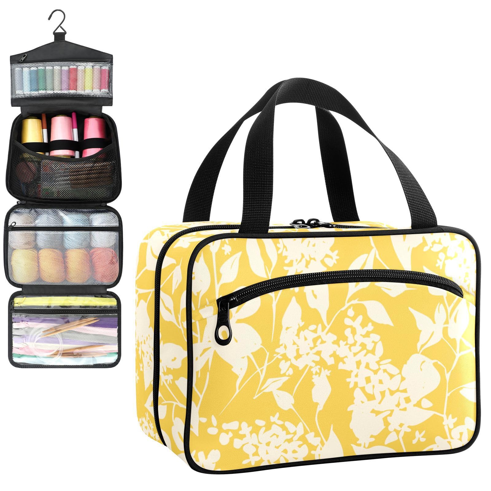 YNNALE Sewing Supply Organizer Bag, Abstract Yellow Floral Leafs Portable Sewing Bags with Pockets&Hanger, Sewing Storage Box Case for Sew Supplies/Kit/Tools/Accessories (BAG ONLY)